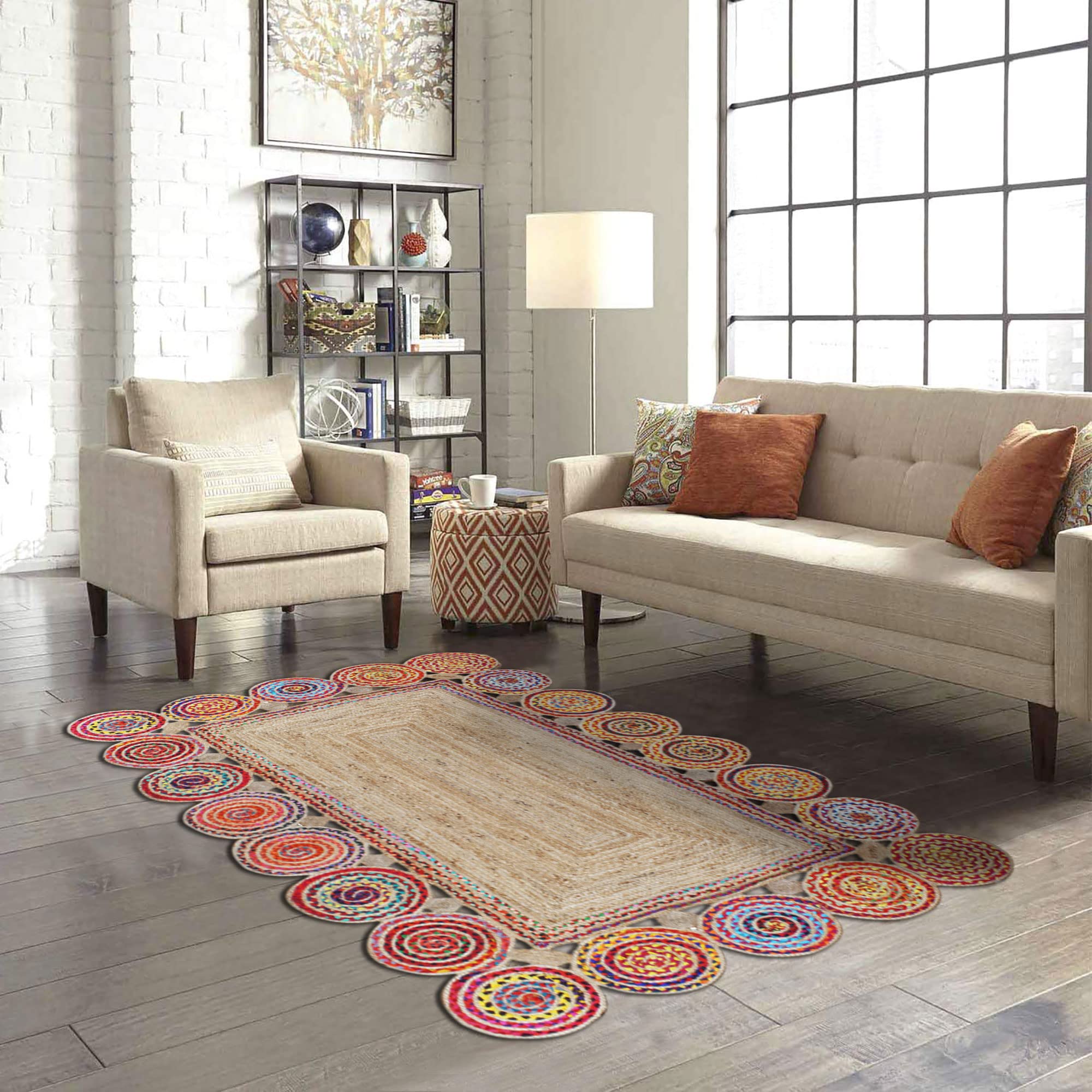 Tapis indien géométrique en jute et coton multicolore pour dynamiser l'entrée