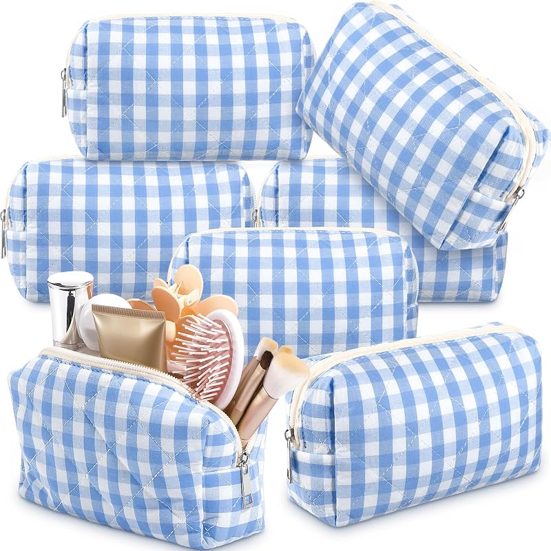 Necessaires de maquiagem Paterr com zíper, algodão matelassê, azul, 20,07 cm x 10,998 cm x 7,01 cm, pacote com 6