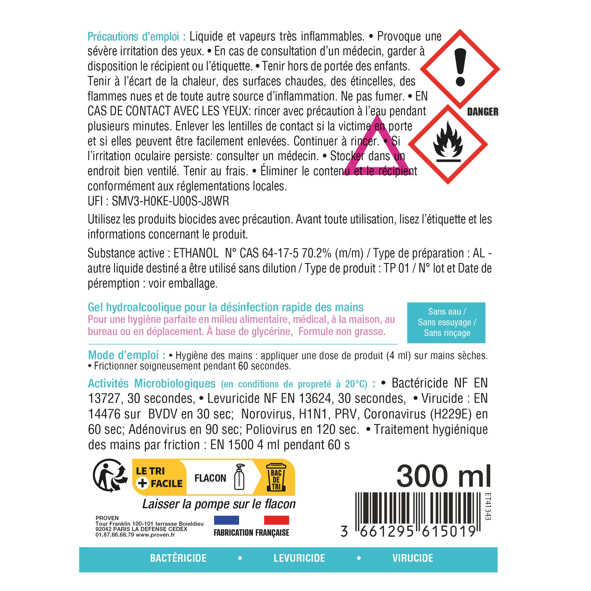 WYRITOL - Gel Hydroalcoolique Inodore - Désinfectant Mains Sans Rinçage - Formule Spéciale Peaux Sensibles Enrichie à la Glycérine - Fabrication Française - Flacon Pompe 300 ml