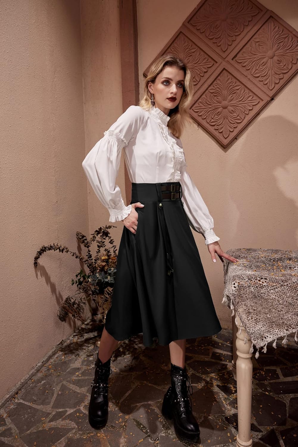 Scarlet Darkness Pirate Skirt for Women Goth Steampunk Skirt High Waist Midi A-Line Skirts with Pockets S-2XL - Image 3