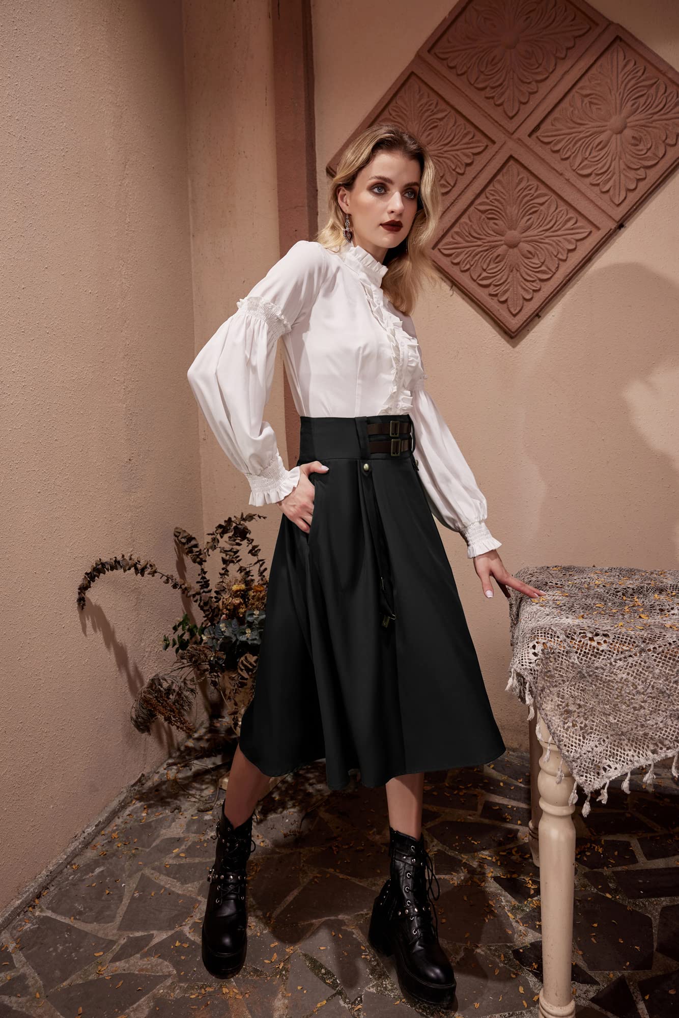 Scarlet Darkness Falda Renaissance para Mujer, hasta la Rodilla, con Hebilla y Correa, Falda gótica