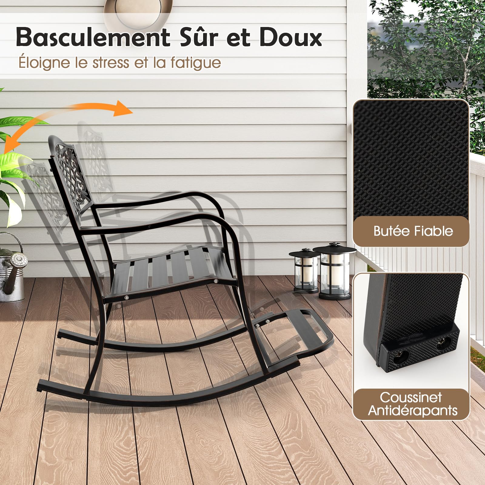 COSTWAY Fauteuil a Bascule Exterieur en Aluminium Coulé, Chaise a Bascule avec Repose-Pied, Dossier à Motifs, Siège à Lattes, Rocking Chair Extérieur pour Jardin Porche, Charge 150kg, 102x62,5x89 cm