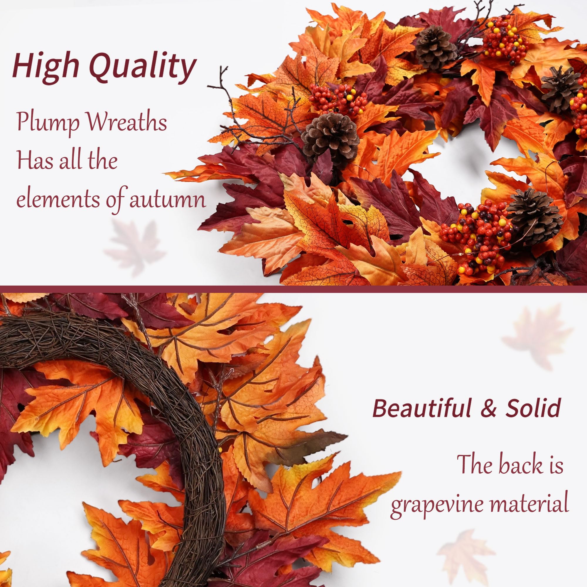 Ghrdopy Couronne d'automne pour porte d'entrée avec 20 lumières et minuteur