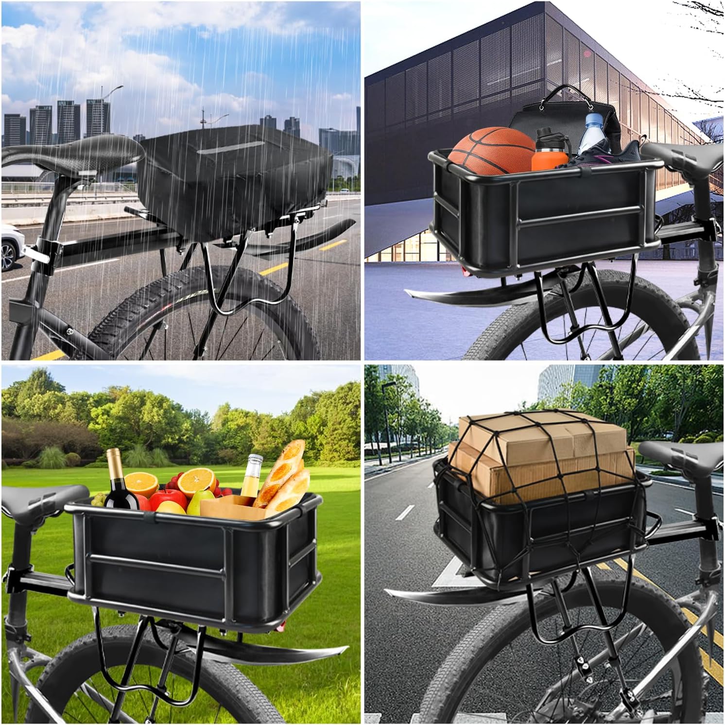 Rear Rack Bike Basket, Large Rear Bike Basket with Liners & Cargo Net & 2 Rain Covers, Heavy Duty Metal Bicycle Basket for Bicycle, Ebike, Electric Bike