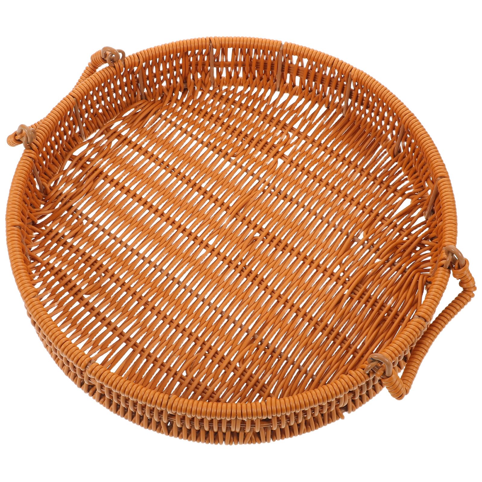 Hand-woven Imitation Wicker Storage Basket with Handles, Small round Willow Tray for Home Organization, Serving Tray and Decorative Fruit Basket for Kitchen and Living Room