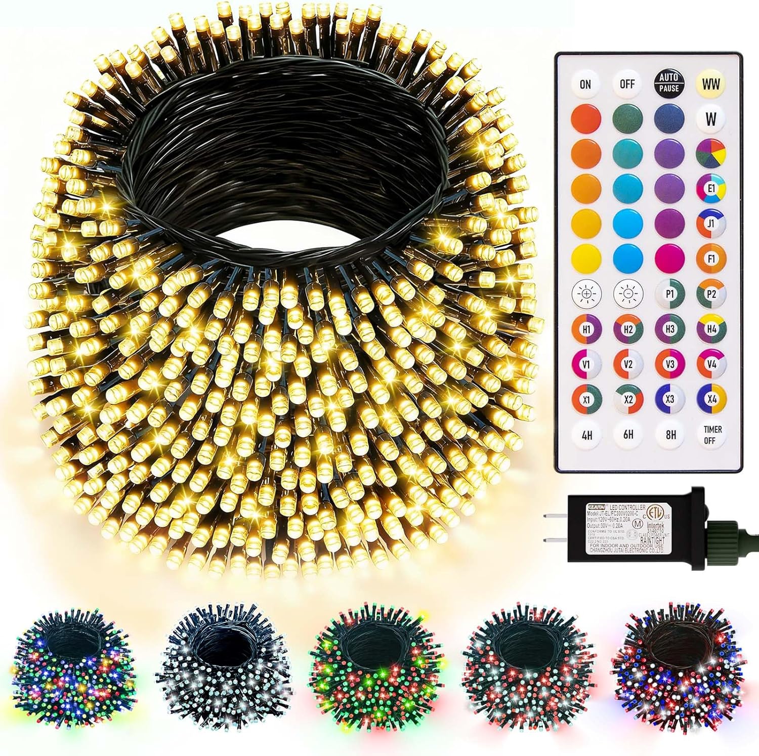 lithome 99ft 300 led color changing christmas string lights outdoor, 35 colors 9 modes rgb christmas lights with remote, dimmable led string light, xmas tree light for indoor holiday party decor green wire 300led / 99ft