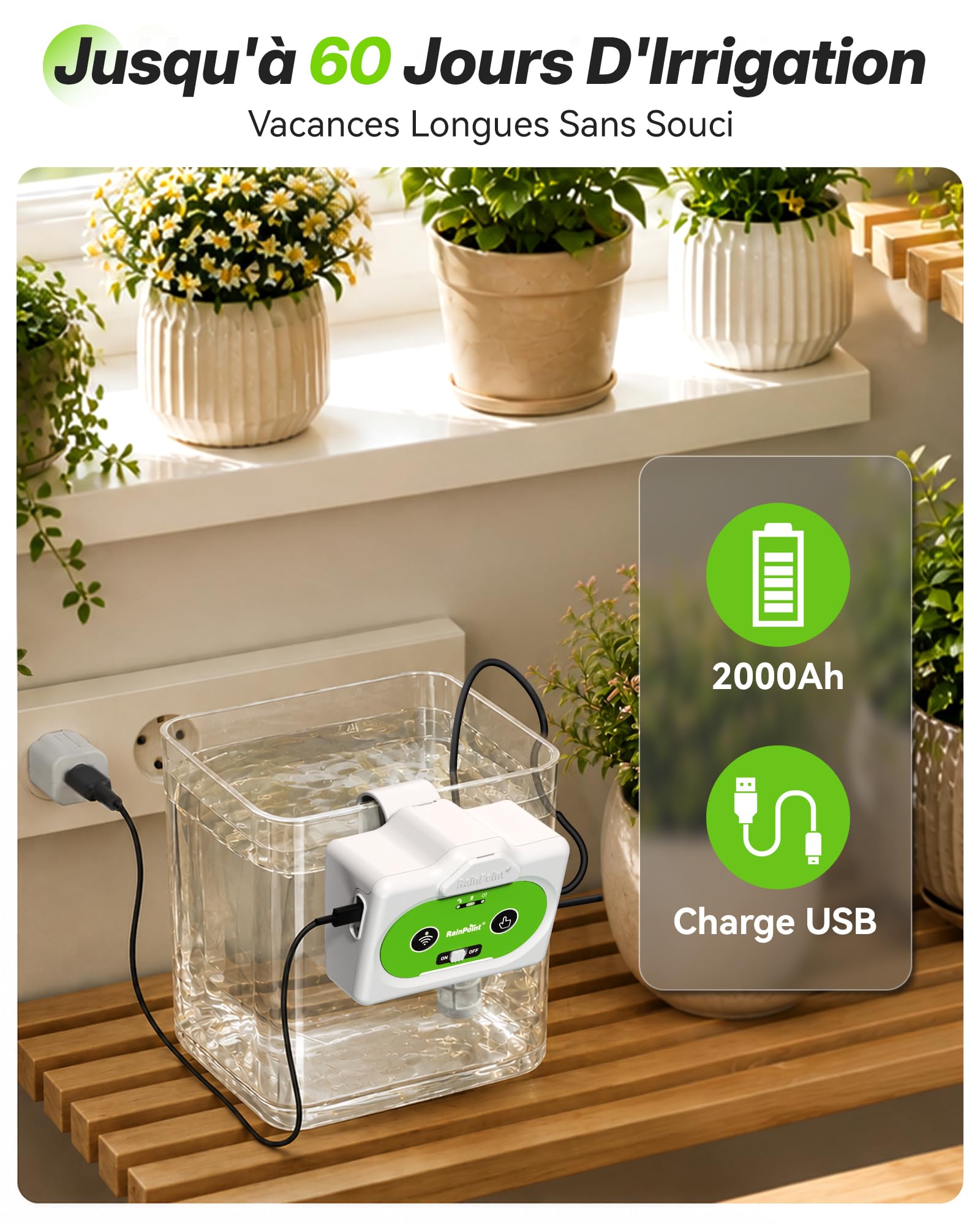 RAINPOINT Arrosage Automatique Interieur WiFi, Contrôle à Distance via APP, Arroseur Automatique pour Plantes d’Intérieur, Arrosage Goutte à Goutte avec Batterie Rechargeable, Jusqu’à 15 Plantes