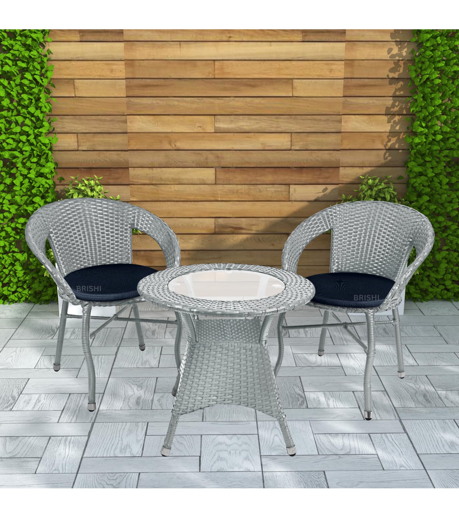 BRISHI 3-Piece Outdoor Rattan Wicker Patio Coffee Table Set with Blue Cushion | Garden Furniture for Balcony, Terrace, Poolside & Porch | Waterproof Bistro Sets for Home & Backyard (Grey)-image-10