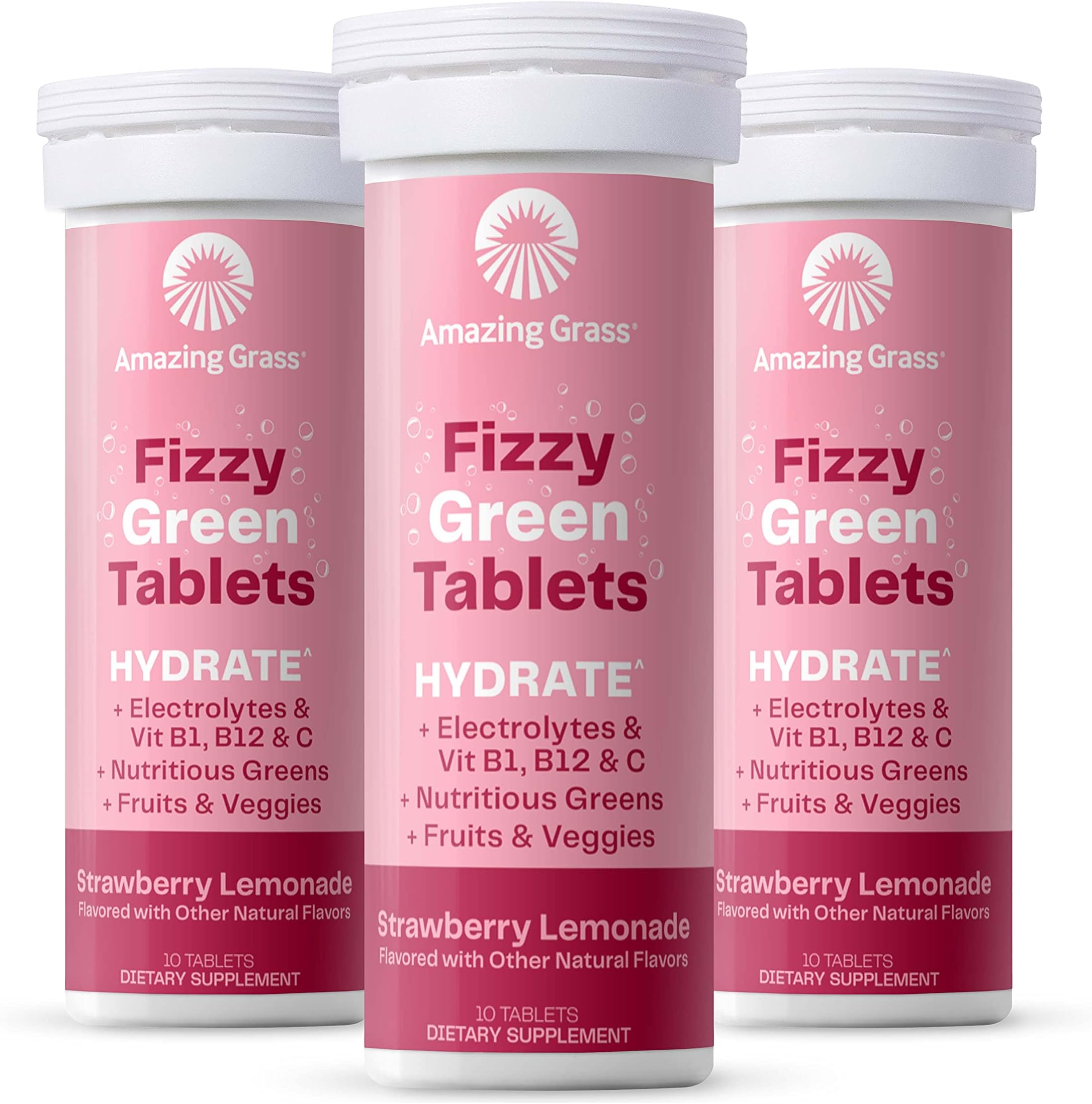 Amazing GrassElectrolyte Tablets, Fizzy Greens Water Flavoring Tablet with Vitamins, Hydrate Strawberry Lemonade, 10 Count (Pack of 3)