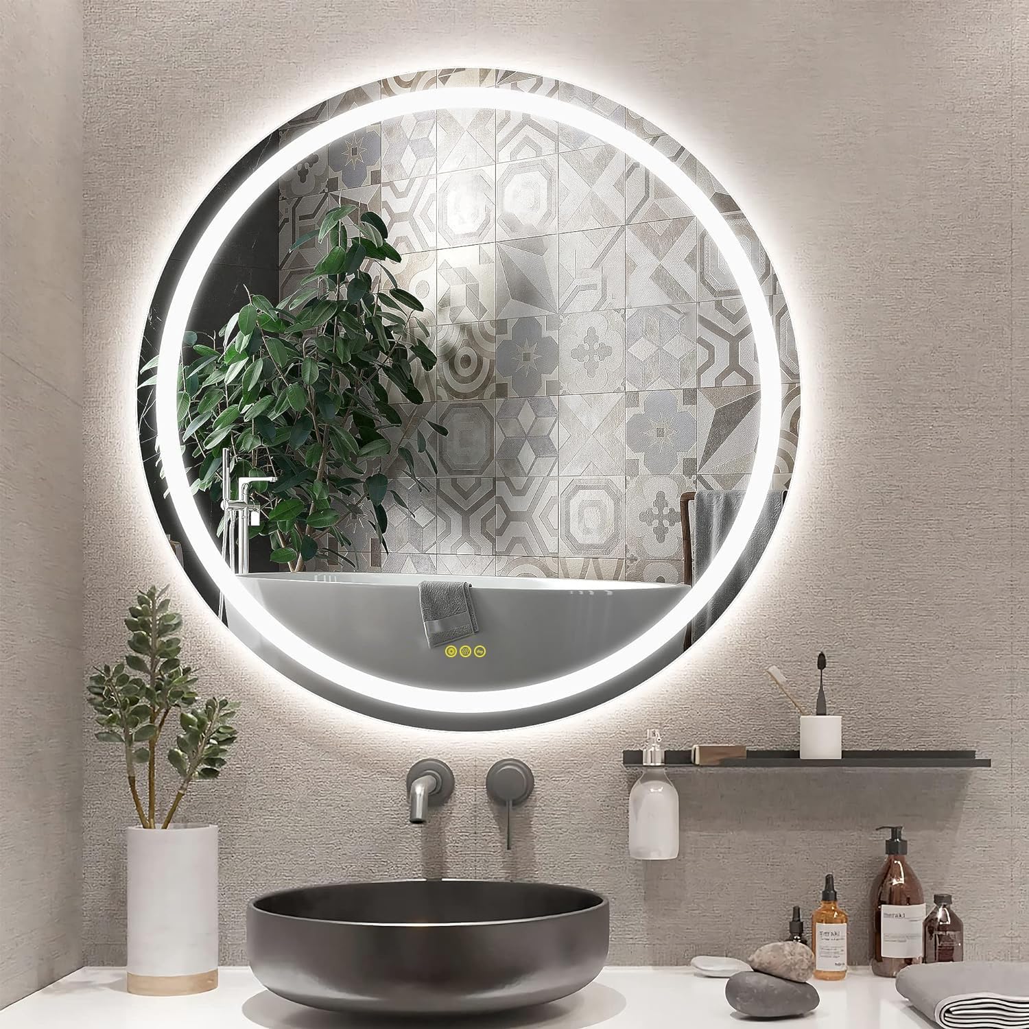 Amazon.com: ROOMTEC 40" Round LED Bathroom Mirror, Wall-Mounted, 3 ...