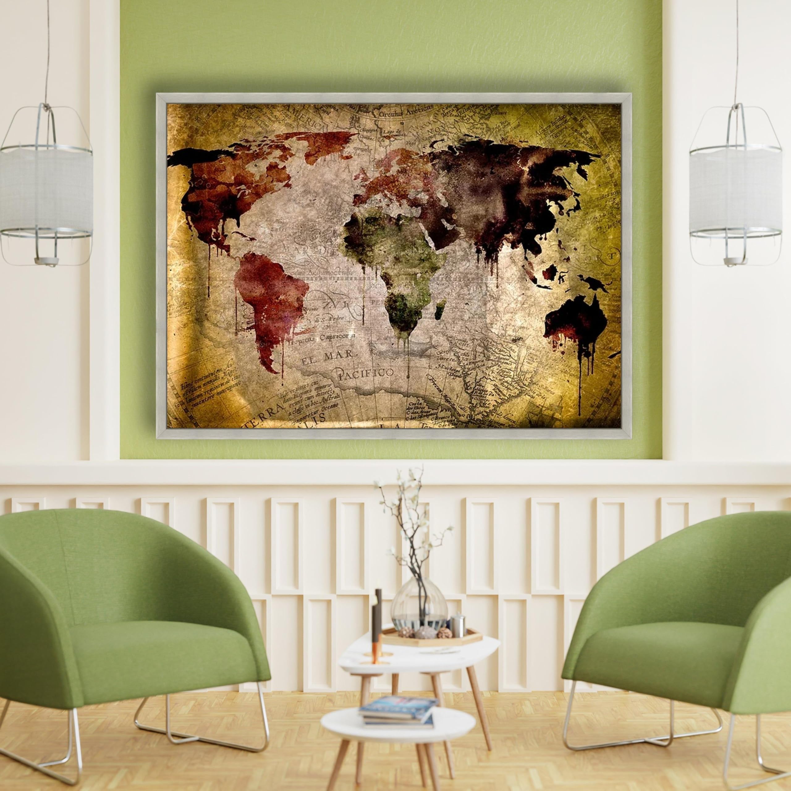 YUSUZHU Vintage-Landkarten-Leinwandbild, Wandkunst im Antik-Stil, rustikale Wohndekoration, Geografie-Druck, gemalte Kartenkunst, fertig zum Aufhängen (50 x 75 cm/Innenrahmen)