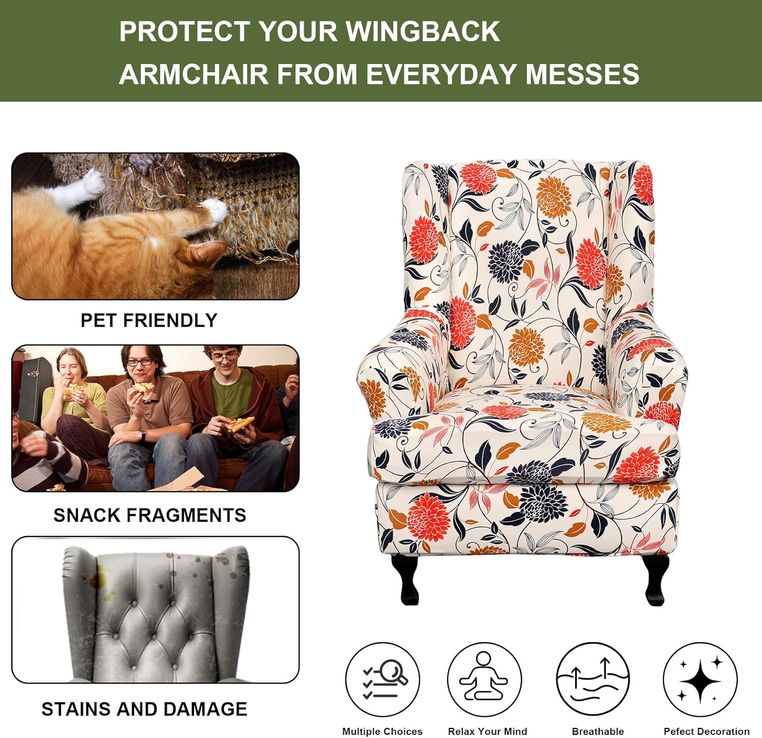 HAOYONG Wing Chair Slipcovers Printed Wingback Chair Covers 2 Pieces Wingback Armchair Slipcover Stretch Chair Slip Covers Washable Armchair Protector Cover for Living Room and Bedroom