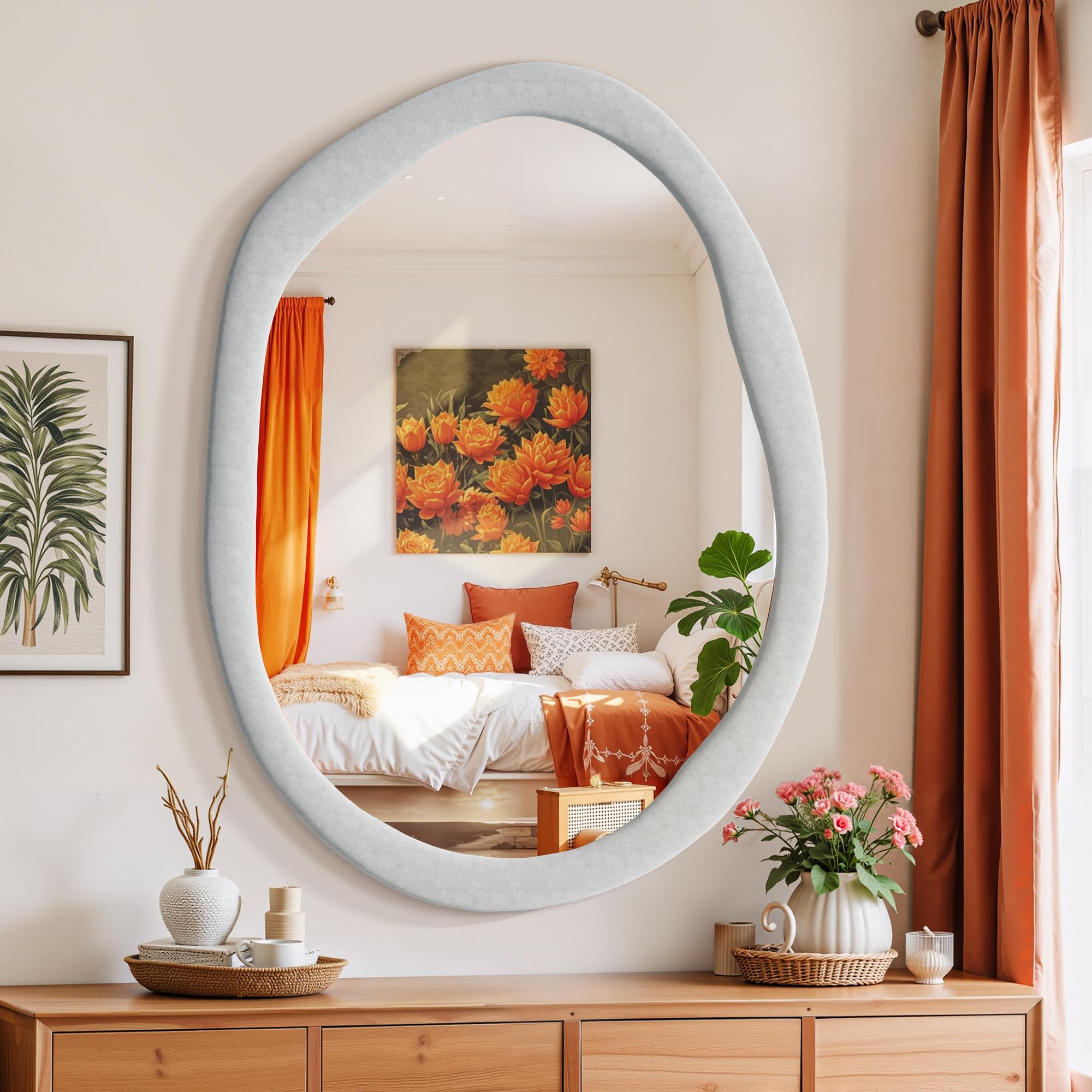 Irregular Asymmetrical Wall Mirror, 32" x 24" Flannel Wrapped Wooden Frame Frame Mirror for Living Room Bathroom Entryway, Hanging or Leaning Against Wall(Grey)