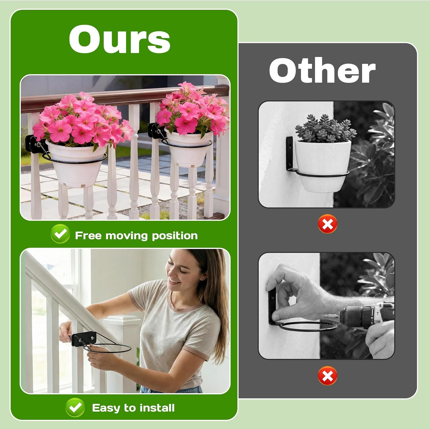 Railscapes Plant Holder Between Rails - 3pc Heavy Duty Hanging Plant Holder Adjustable Width Rail Scapes for Plants Railings Metal Hanging Plant Pot Stand for Balcony Patio and Stair
