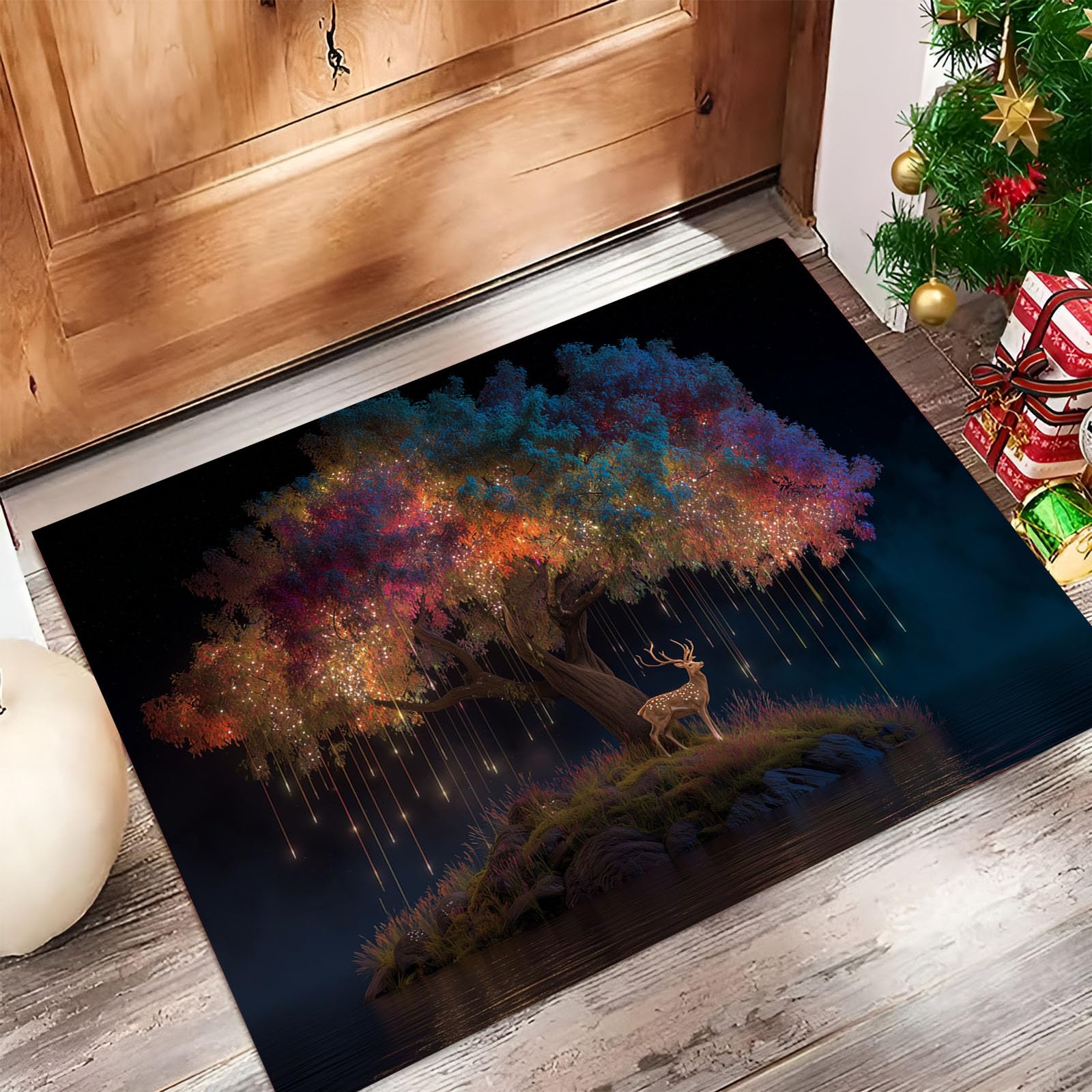 Árbol De La Vida Arcoíris Felpudos para Interiores, Reno De Fantasía Felpudos Suaves Lavables, Felpudo Antideslizante De Perfil Bajo para Entrada Cocina Mascotas Perros, 90X150Cm Azul Oscuro