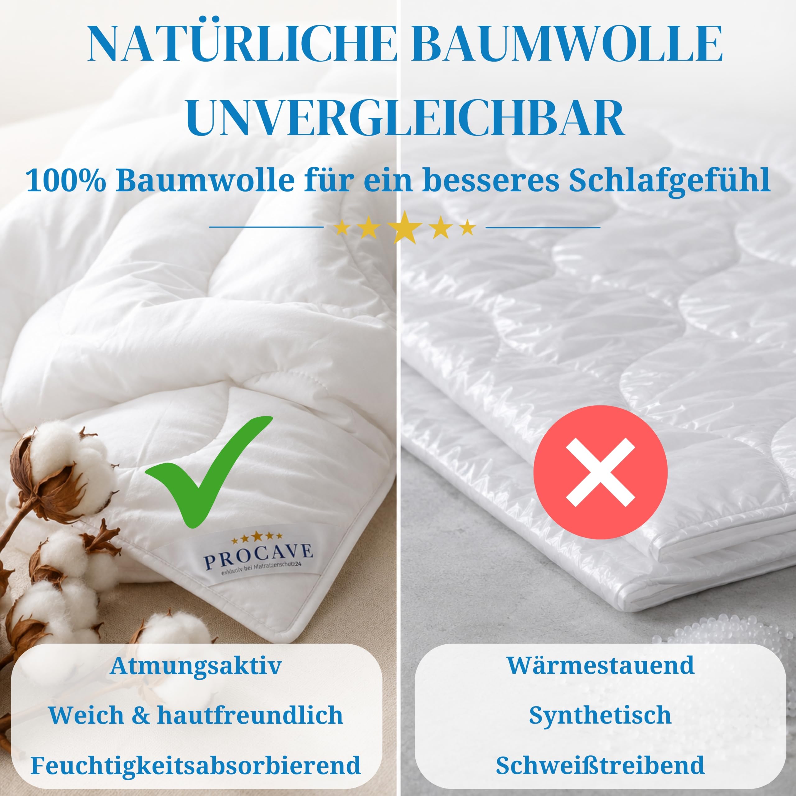 PROCAVE Baumwolle Komfort Qualitäts-Bettdecke für den Sommer 135x200cm, leichte Baumwolldecke, waschbar, aus der Natur, atmungsaktiv & wärmeausgleichend, 100% aus Deutschland