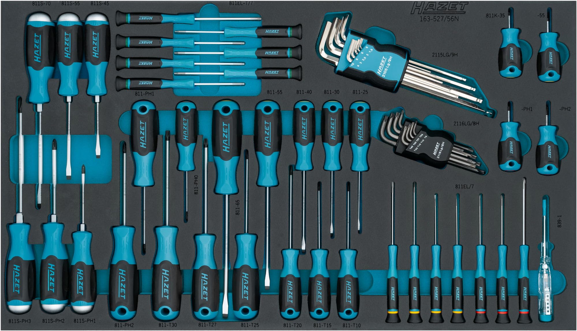 HAZET Juego de destornilladores 163-527/56N, 56 piezas, 1.5-10 mm, PH00-PH2, T5-T40, ranurados, Phillips, TORX interno y hexagonal, incl destornillador de impacto, llave fija de estrella