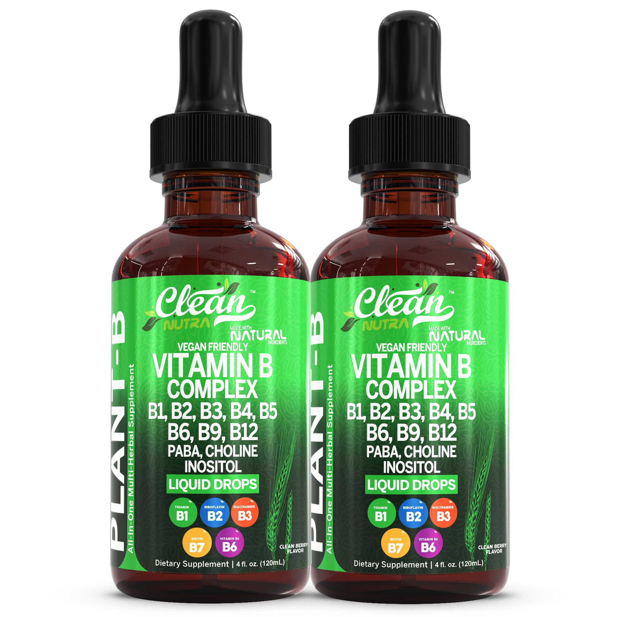 Vitamin B Complex Liquid Drops | Thiamine B1, B6, B2, B3, B4, B5, B7 B9, B12, Niacinamide, Paba, Choline Inositol Taurine Probiotics Beet Root Spirulina - Plant-B Vitamin Supplements - Clean Nutra (2)