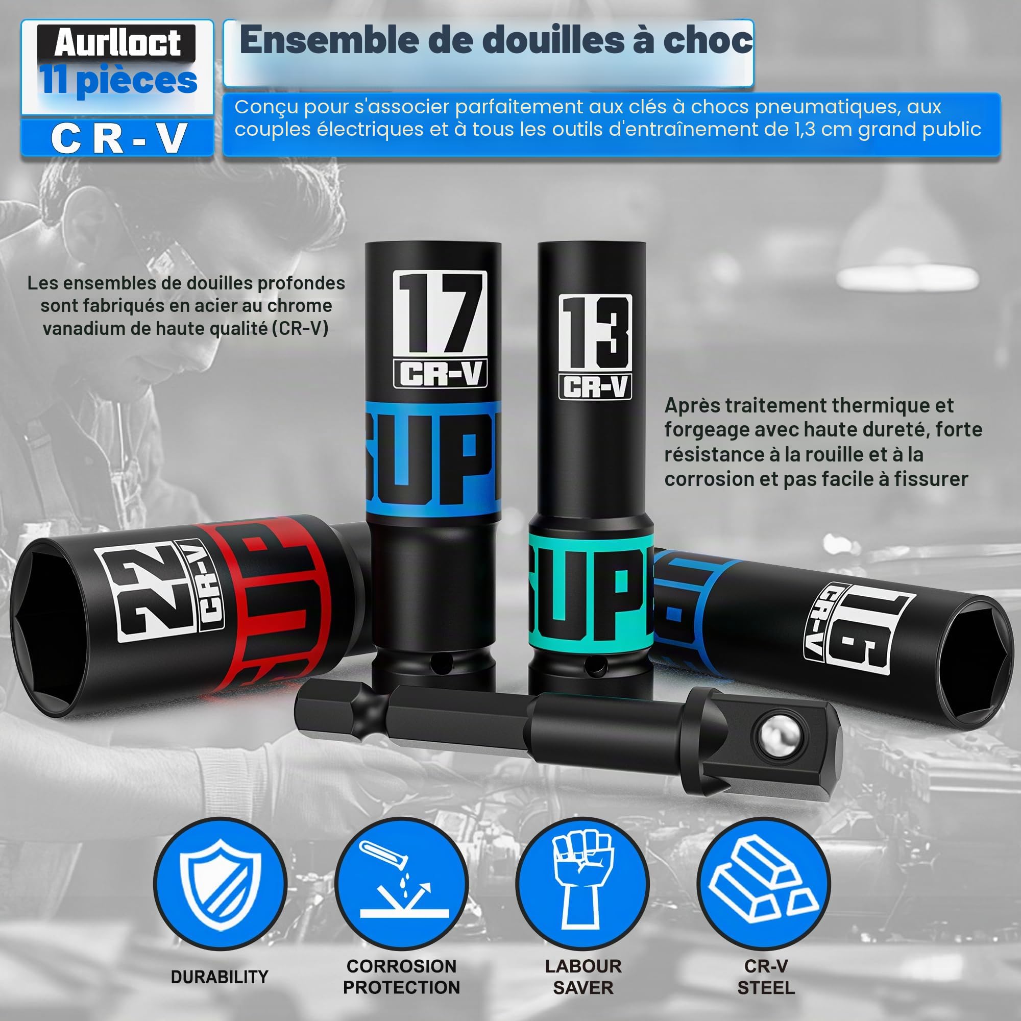 Lot de 11 Douilles à Choc Profondes 1/2", 10-24mm Métrique Clé Jeu de Douille à Impact, Avec Adaptateur de Douille 1/4" à 1/2", Automobile et Le Remplacement des Pneus