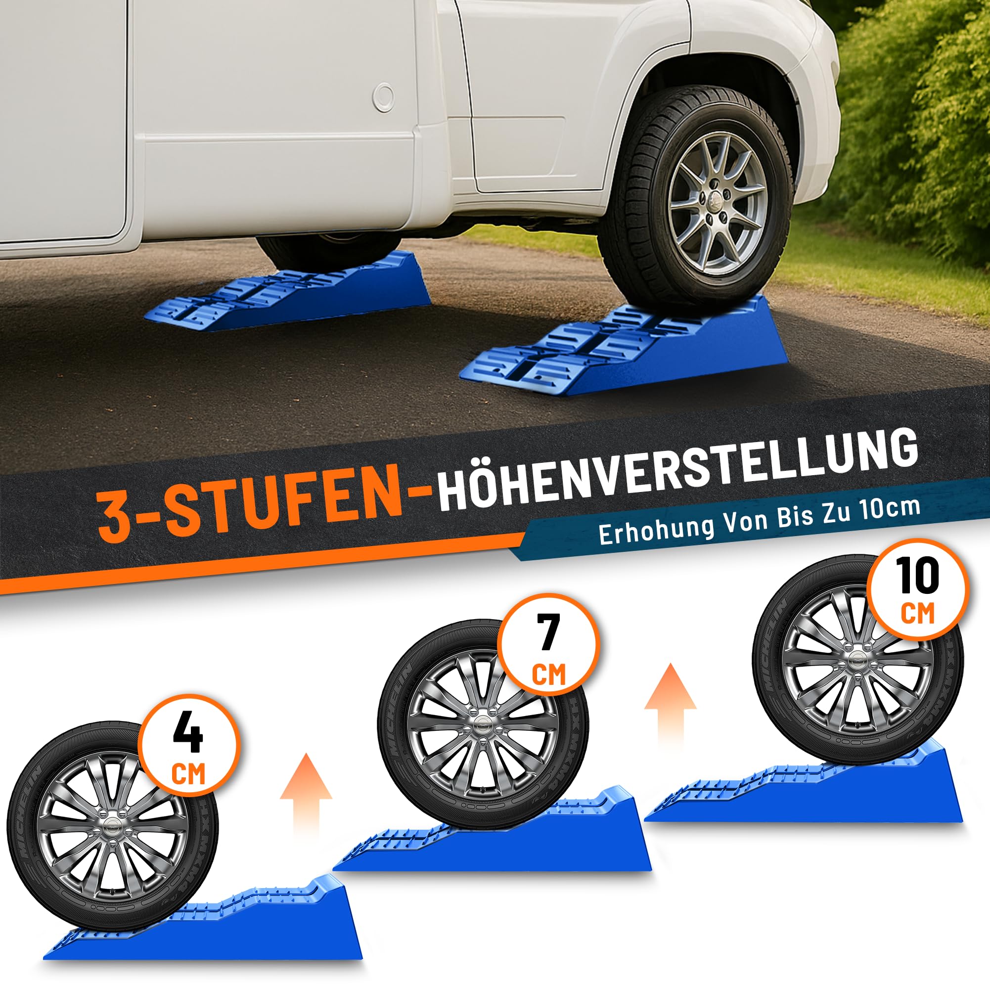 Auffahrkeile für Wohnmobil, 5 t Stufenkeile 2 Stück mit Tragetasche (Blau), Stabil & Leicht für Camping, Auffahrkeile für unebene Untergründe