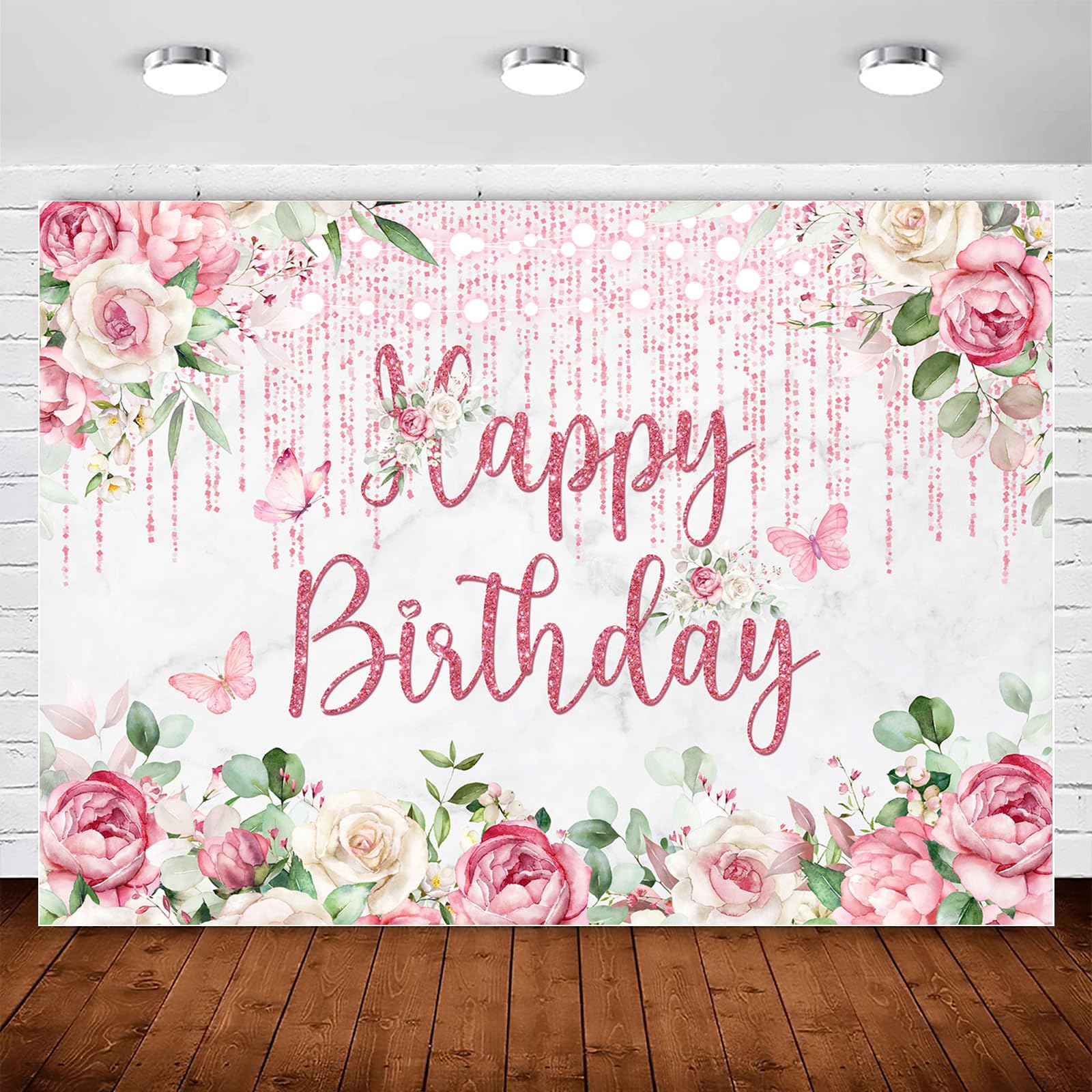 Pink Flower Happy Birthday Backdrop Banner Party Decoration for Women Glitter Rose Gold Floral Birthday Backdrops Sign Photography Background for