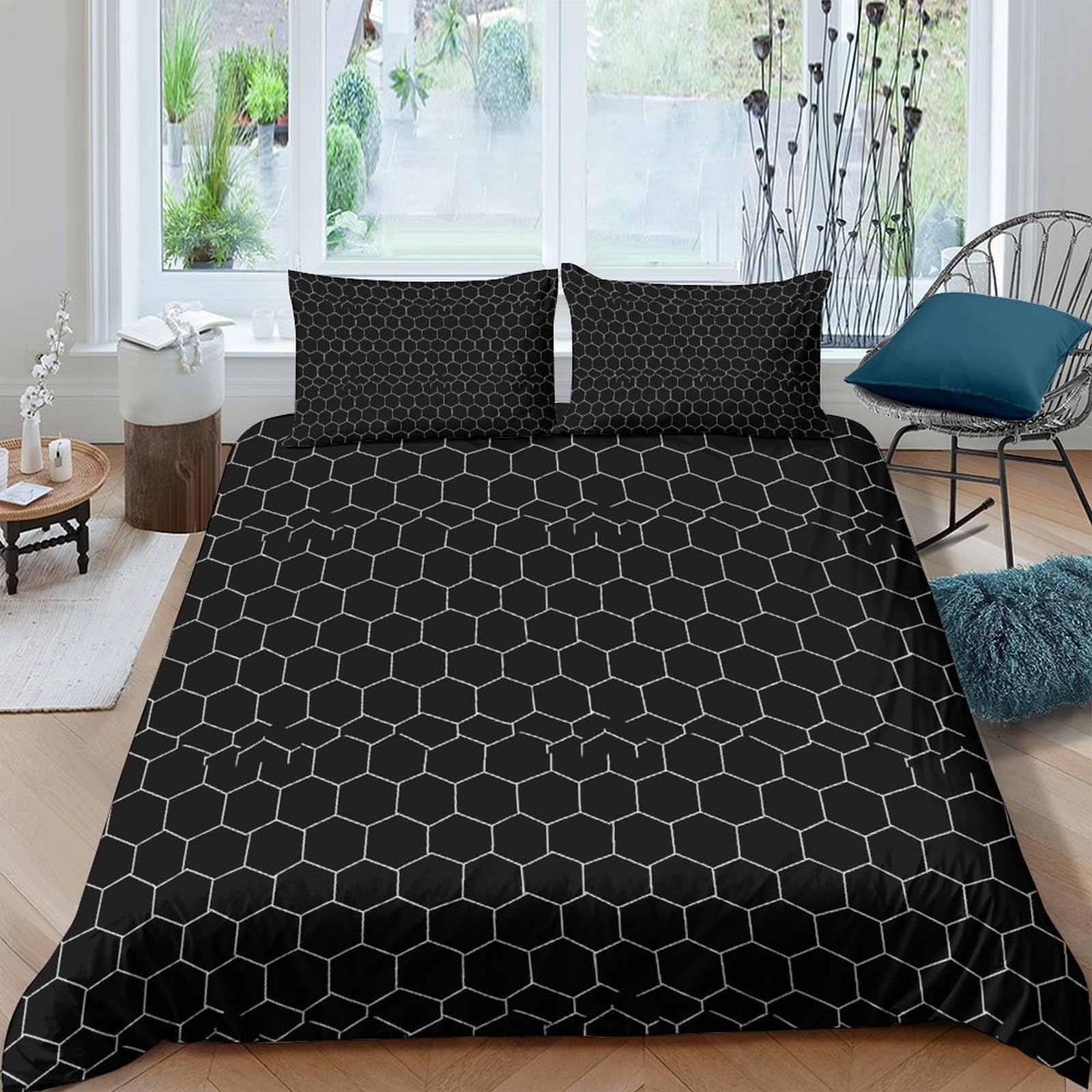 Ctjqhvkz Style-6 3D Printed Black Geometric Hexagon Fitted Sheet Microfiber Breathable Bed Cover For Bedroom Guest Room Mattress Protection Single（135X200cm）