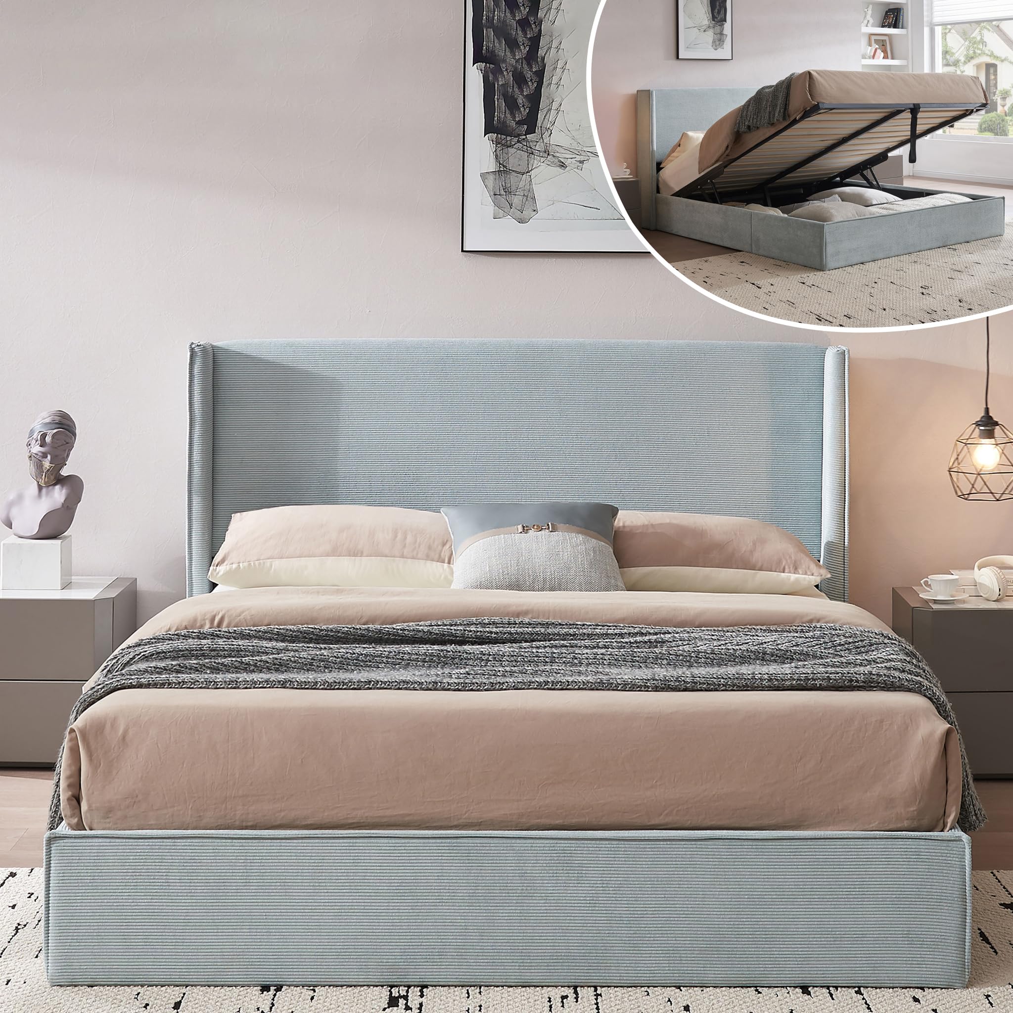 QNZK Queen Lift Up Storage Bed, Corduroy Platform Bed with Headboard, Light Blue