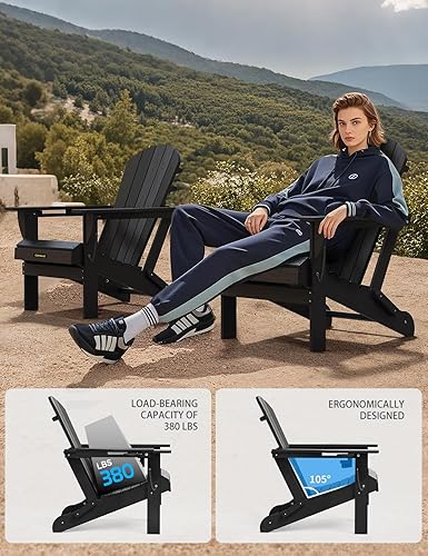 Miniatura 5 de Silla Adirondack de plástico HDPE, silla Adirondack plegable resistente a la intemperie con soporte para tazas, silla de madera texturizada para