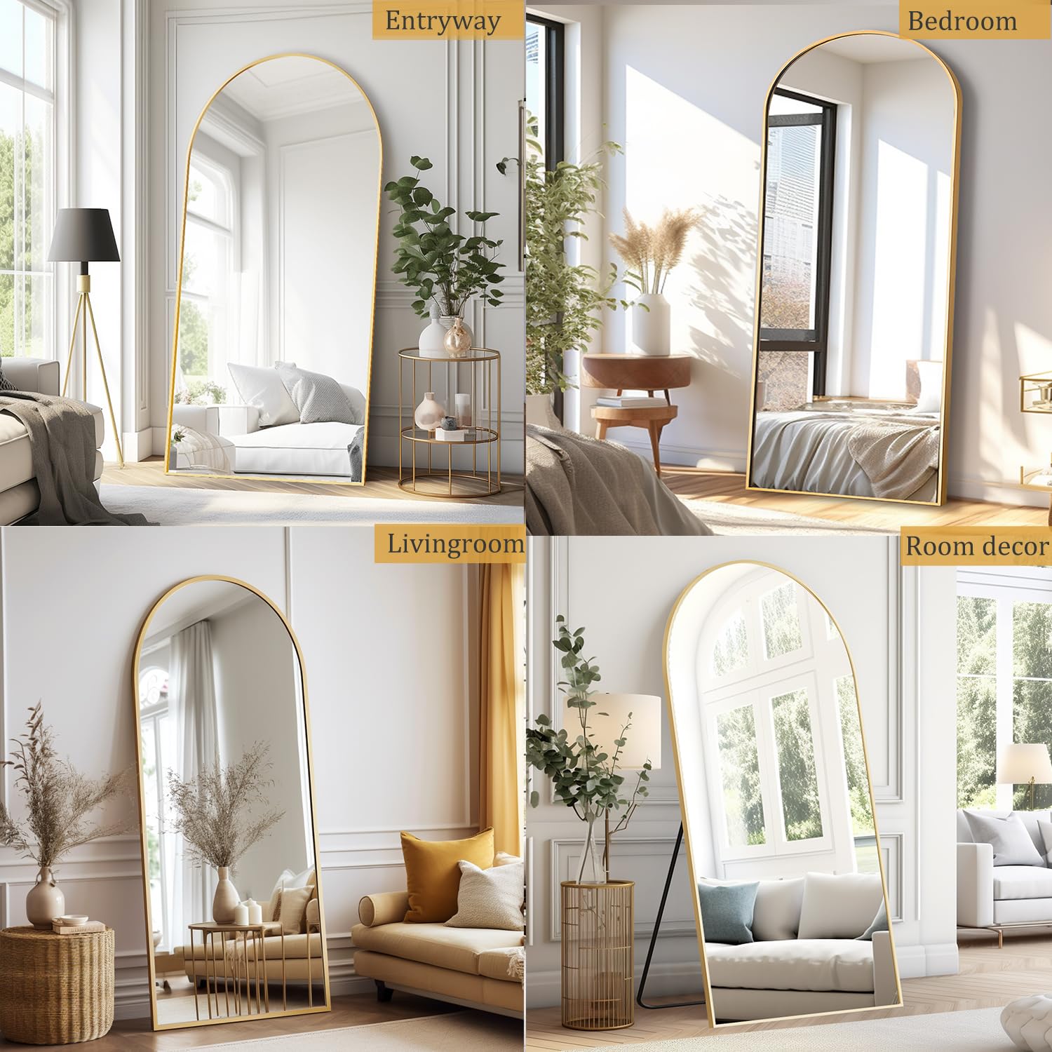 Dewfig Espejo arqueado de longitud completa, 65 x 22 pulgadas, espejo de pie dorado con soporte, estilo clásico moderno, vidrio HD inastillable, 71 x 30 pulgadas