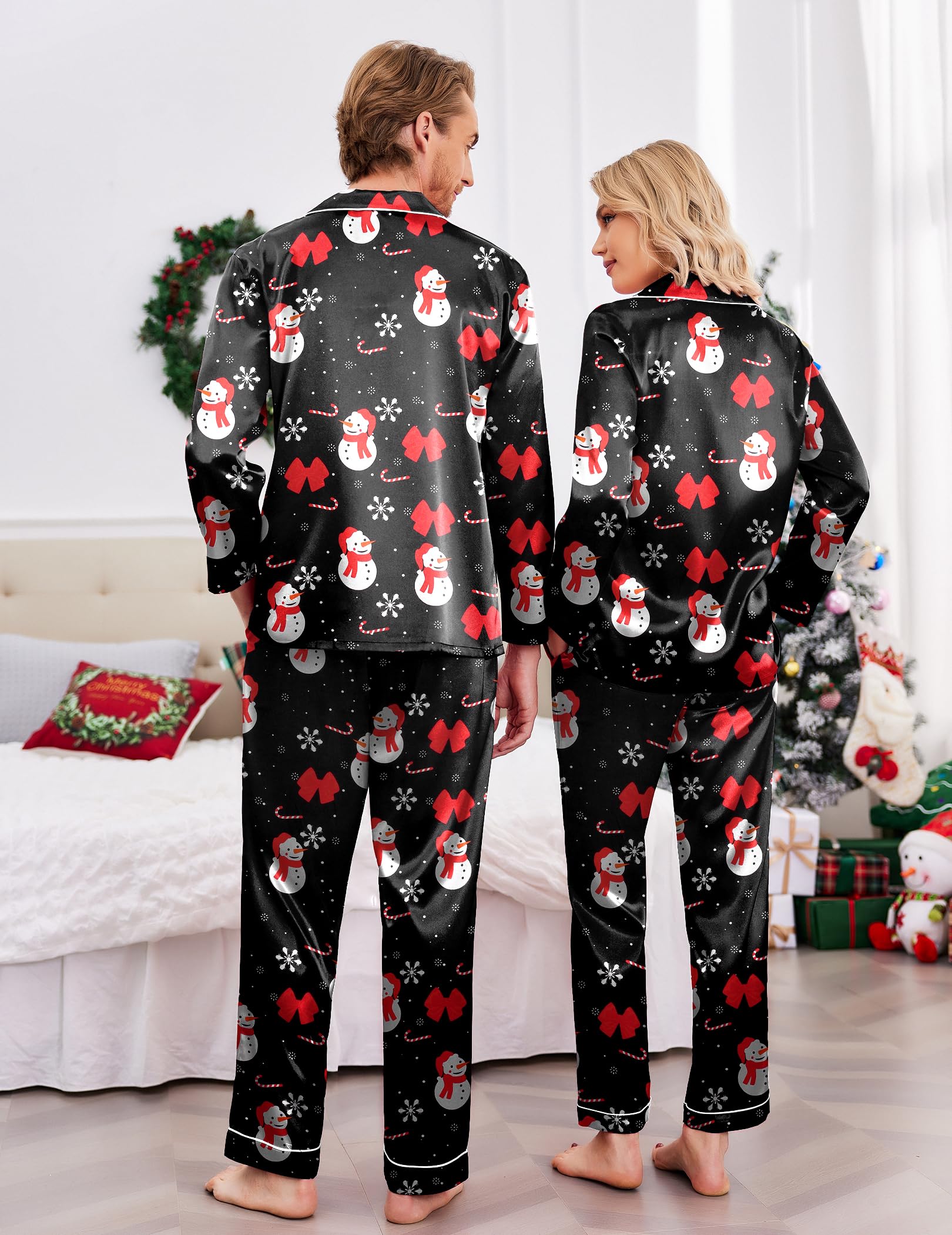 Ekouaer Pijamas a juego para parejas, de seda, de manga larga, de satén, suave, con botones, tallas S-XXL, Navidad, negro, Small
