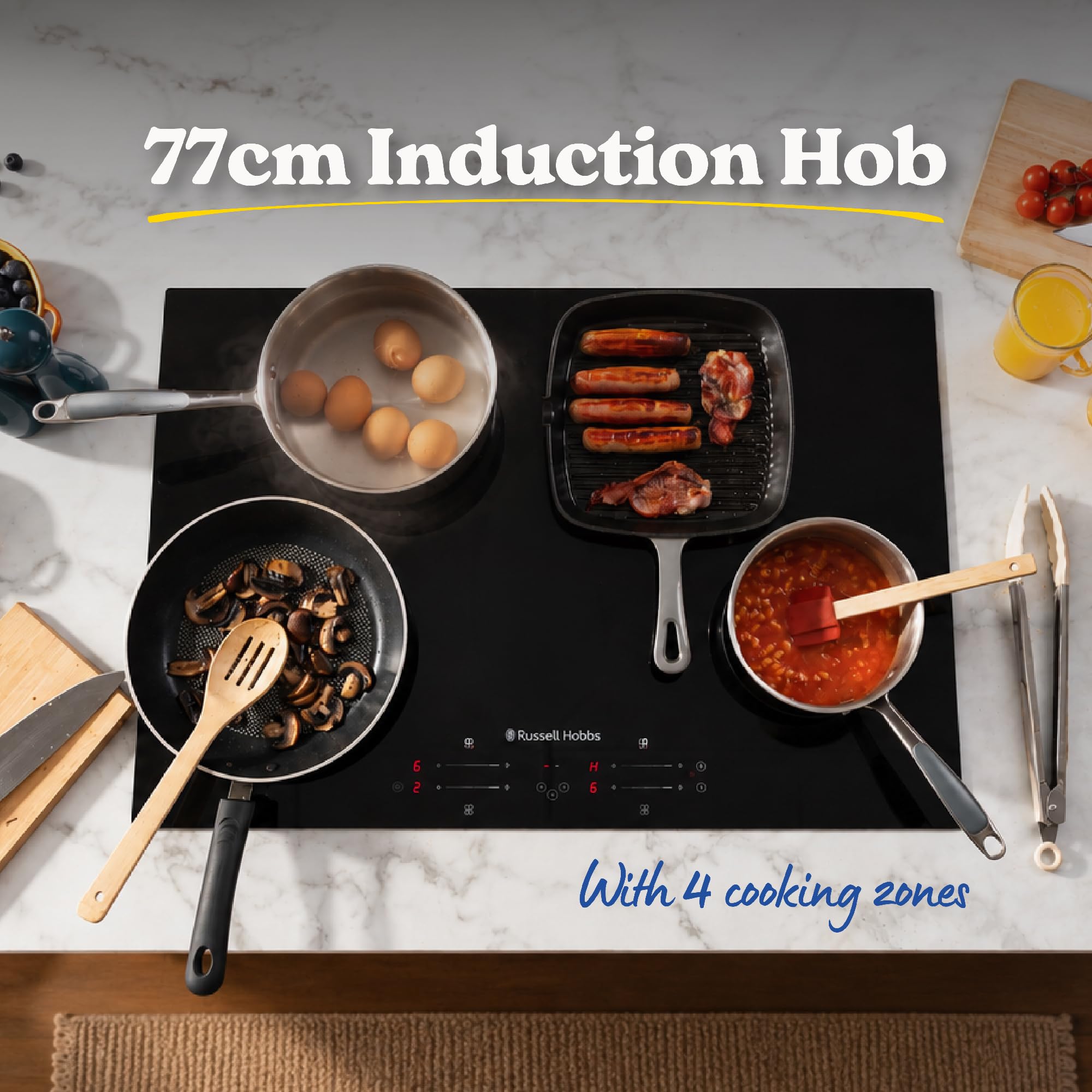 Russell Hobbs Placa de inducción de 77 cm con 4 zonas de cocción, control táctil deslizante, temporizador de 99 minutos, función Boost, 9 niveles de potencia de etapas, potencia de 7000 W e