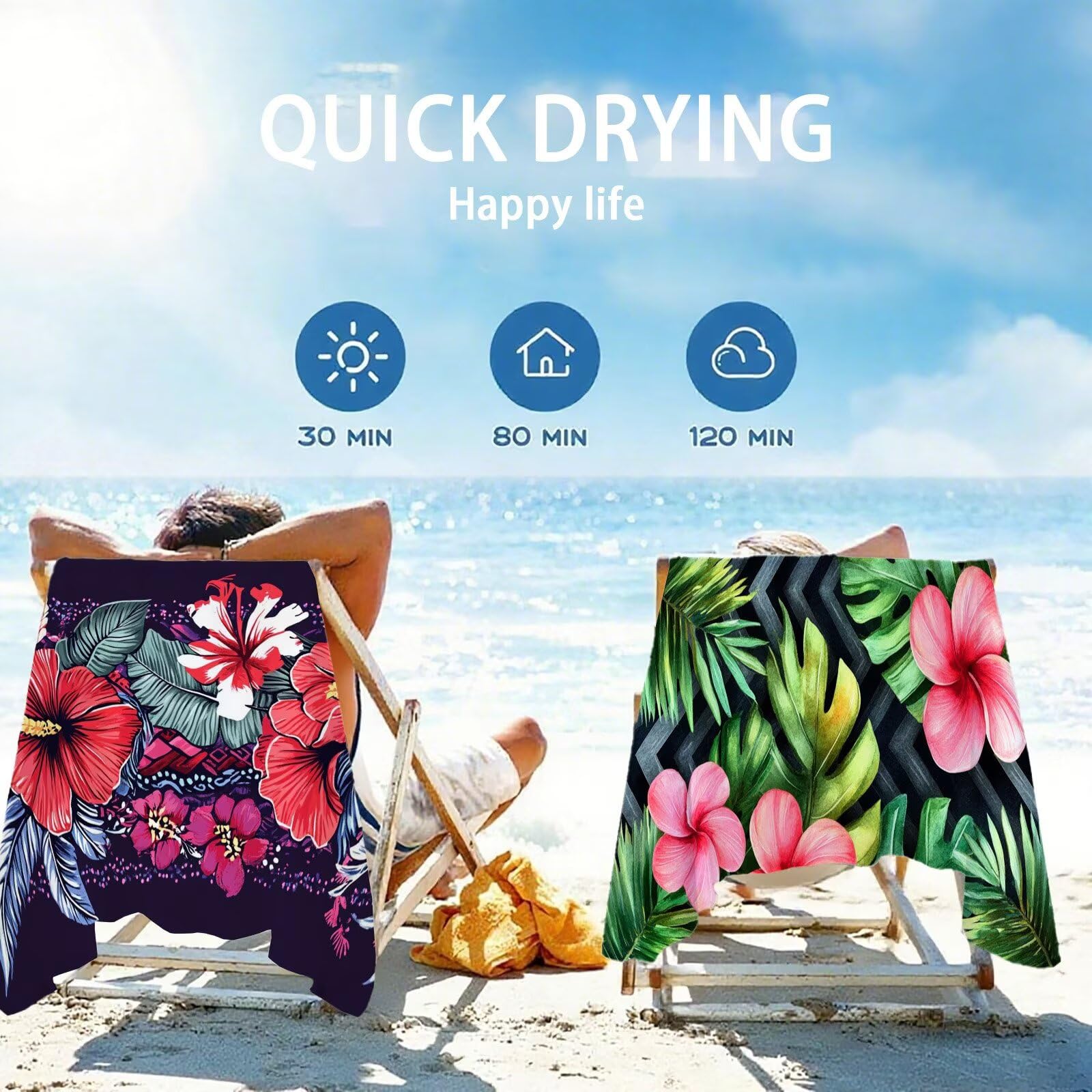 Ręczniki plażowe z mikrofibry, 100 x 200 cm, kwiatowy ręcznik plażowy dla dorosłych, 2 sztuki, bardzo duży ręcznik z mikrofibry, letnie ręczniki kąpielowe z torbą siatkową, dwustronny, bez piasku