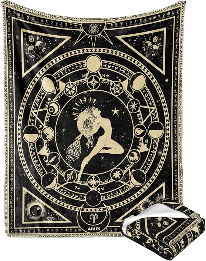 Aries Zodiac Blanket, Aries Zodiac Gifts for Women Moon Witchy Constellation Astrology Gothic Throw Blanket 60