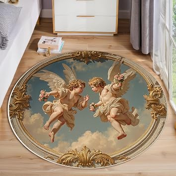 Washable 3D Cute Angel Area Rug, 4Ft Round Rugs for Living Room Soft Carpet for Bedroom Rococo Aesthetics Indoor Stain Resistant Non-Shedding Floor Carpet, Beige, 4Ft-Round