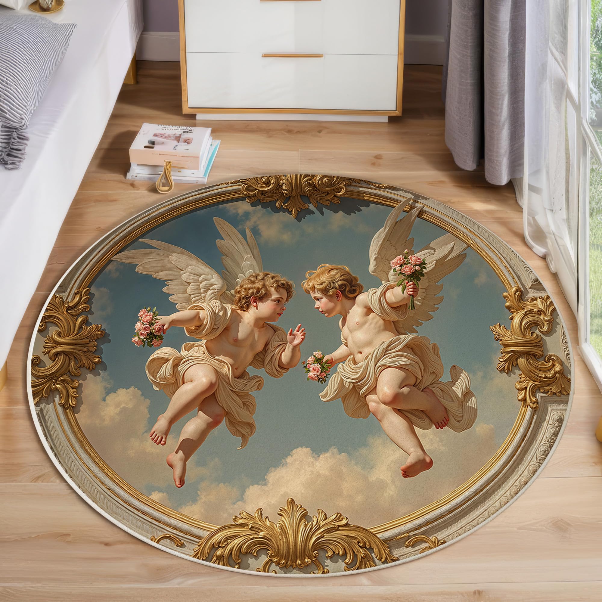Tapis ange mignon 3D au design esthétique rococo, grand tapis beige de prestige 120 cm