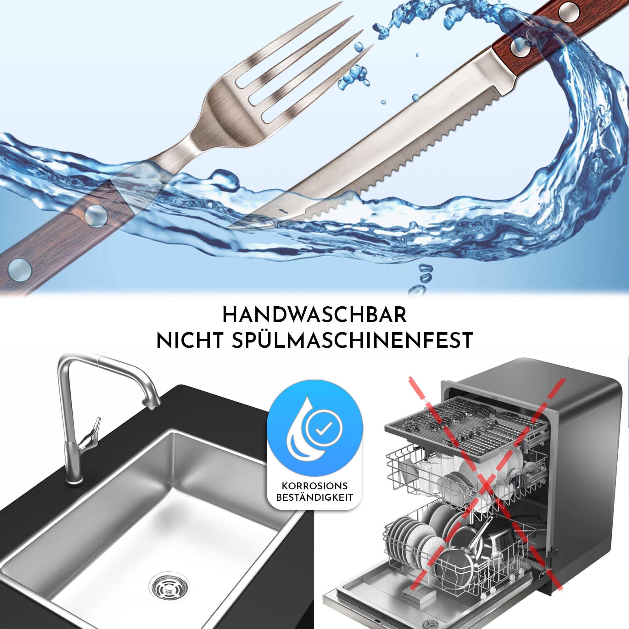 Steakbesteck edelstahl holz set 12 teilig mit 6 teilig Steakmessern und 6 teilig Steakgabeln