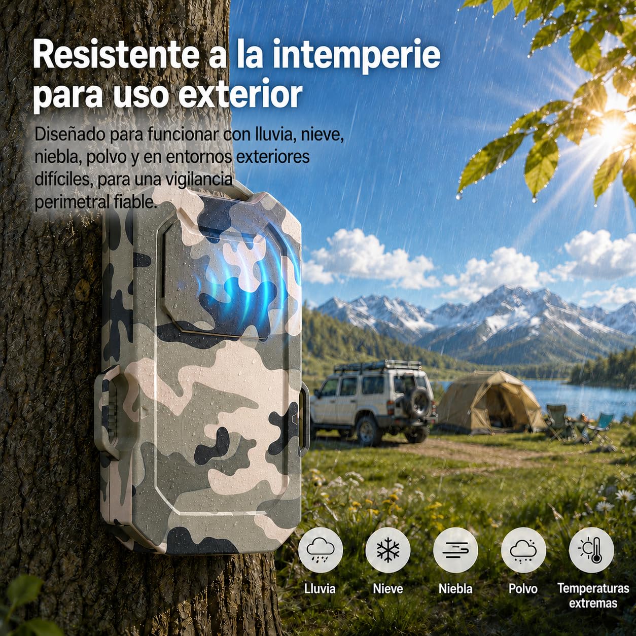 LETWESAF Sensor Radar para Alarma perimetral Camping, Camuflaje | Radar de 24 GHz detecta movimiento; alcance inalámbrico de 800 m, recargable e IP66 – para camping, autocaravana y propiedad.