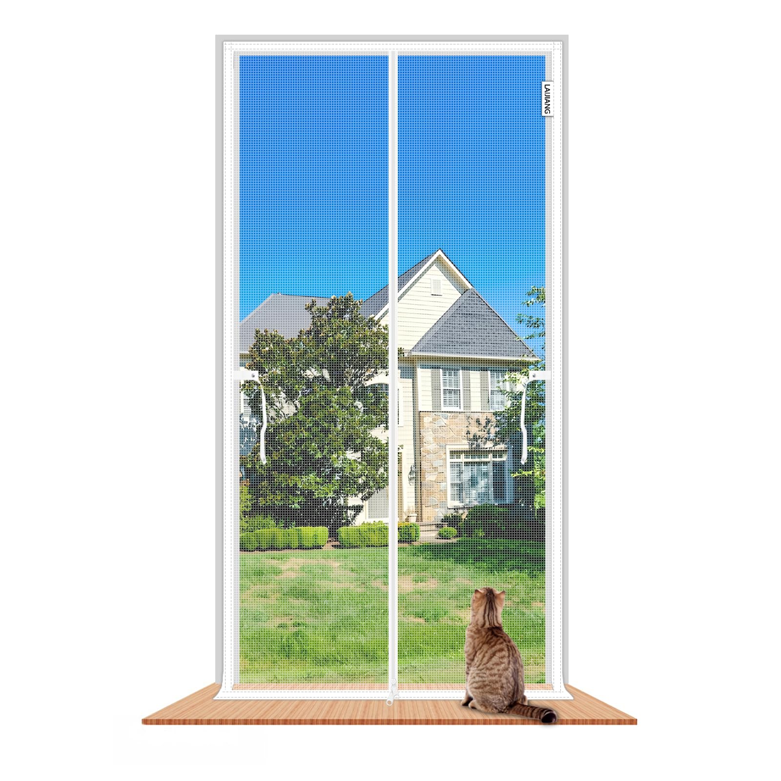 Laijiang White Cat Screen Door, 100X220cm Reinforced Cats Resistant Mesh Door Screen With Zipper, Keep Cats Indoor & Scratch Proof, Prevent Pet Escape From Living Room, Bedroom, Patio