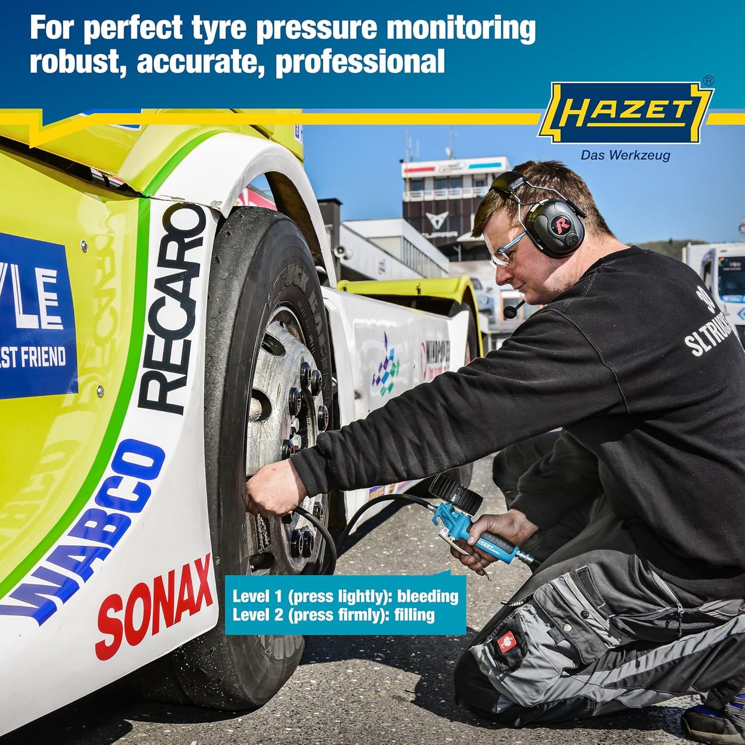 HAZET Tire Pressure Gauge 9041G-1 I Calibrated, Readable, Pressure Gauge Measuring Range: 0-145 Psi, Hose Length: 100cm/39.37 Inches, Pressure Gauge Diameter: 3.15 Inches I Tire Pressure Gauge