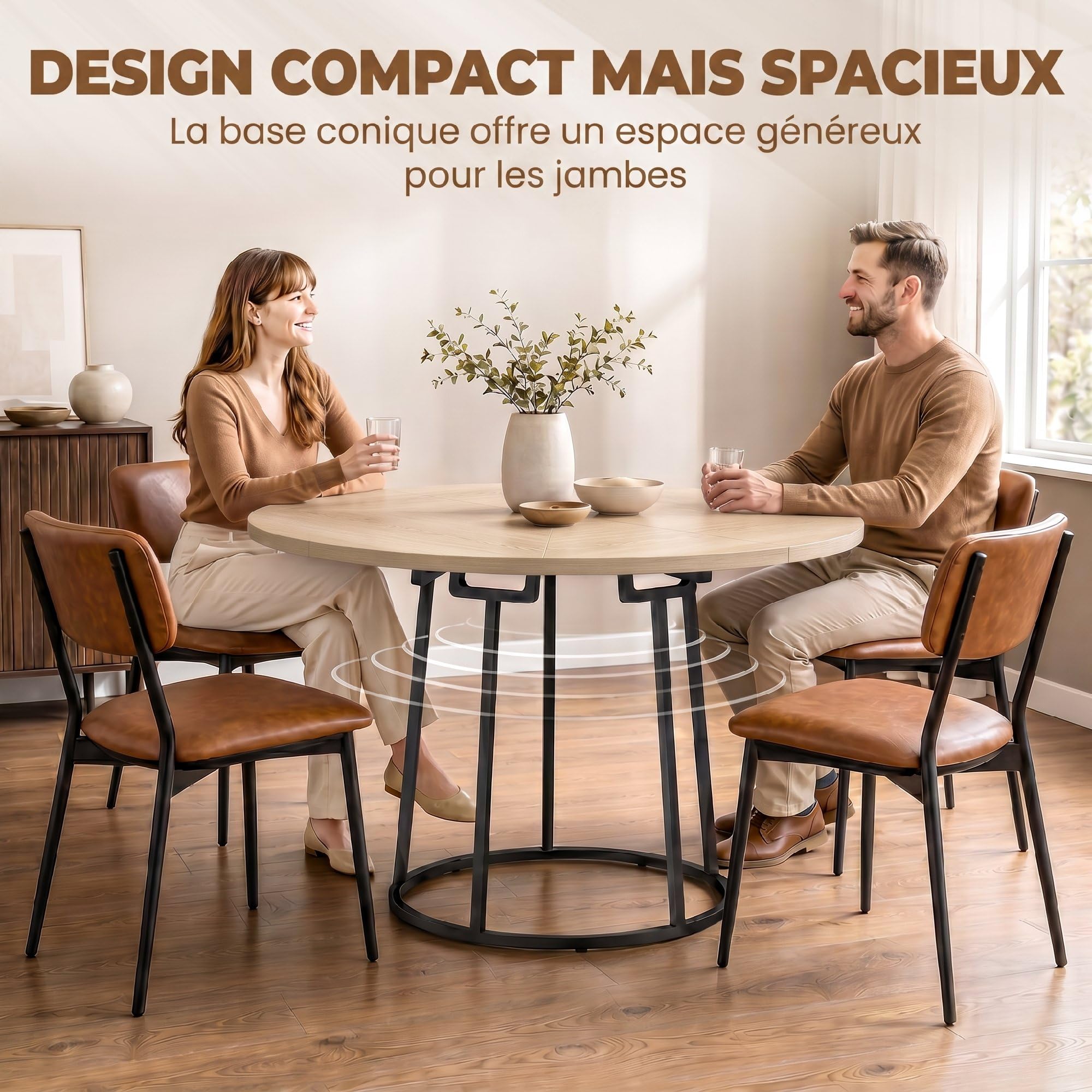 HOMCOM Mesa de Comedor Redonda para 4-6 Personas, 120 cm, Estilo Industrial Moderno, Tablero Empalmado y Base metálica cónica, Madera Natural