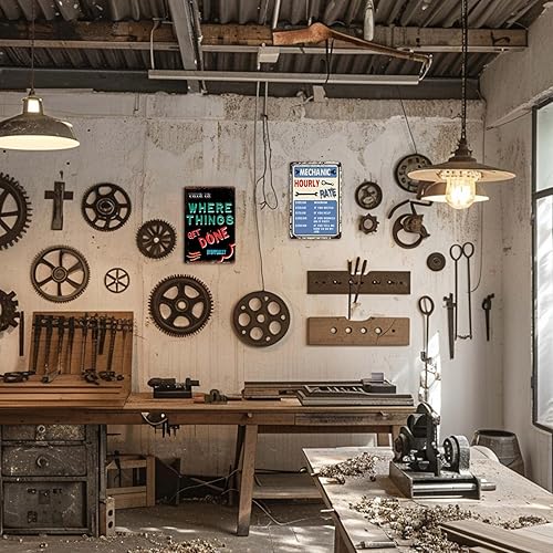 Miniatura 5 de Letreros de Garaje para Hombres Regalos para Mecánicos Decoración de Cueva de Hombre Letrero de Tarifa por Hora de Mecánico Letreros de Metal