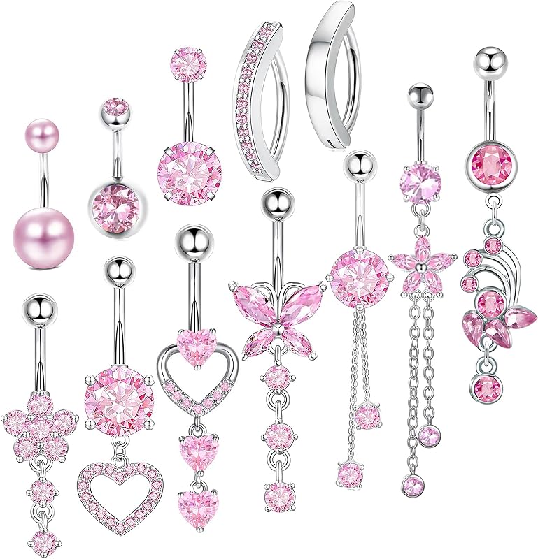 TIANCI FBYJS 14G Women Belly Button Rings Surgical Stainless Steel Dangle Belly Rings 10mm Belly Bar Body Piercing Navel Jewelry Butterfly Heart Flower Dangling Silver Gold Belly Piercings 11pcs