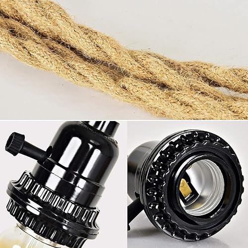 Miniatura 7 de Kit de lámparas colgantes de triple enchufe con cable con interruptor, cuerda de cáñamo de 23 pies de largo, cable de luz de estilo campestre, kit