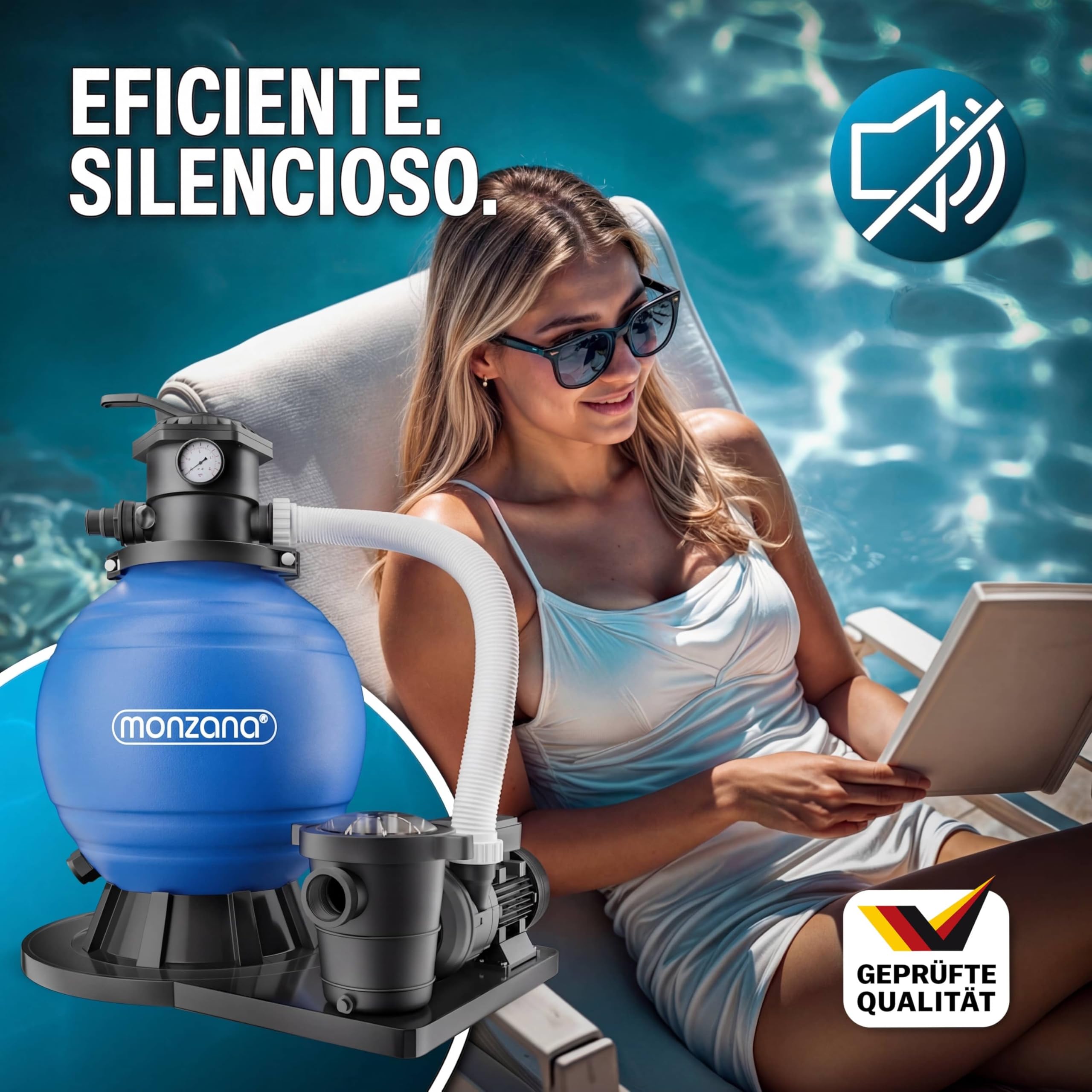 Monzana® Depuradora Piscina 15.900L/h Filtro de Arena hasta 70.000L Válvula 7 Funciones Filtrado 600W Adaptador Ø32-38mm Bomba Indicador de Presión
