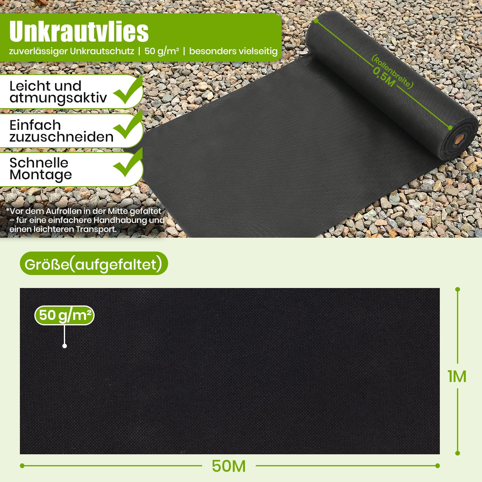 Velway Unkrautvlies 50g/m² 1x50m Rolle - Wasserdurchlässig & UV-Stabil Gartenvlies Reißfestes Unkrautfolie Gegen Unkraut Mulchvlies für Garten Hochbeet Gemüsegarten Landschaftsgestaltung
