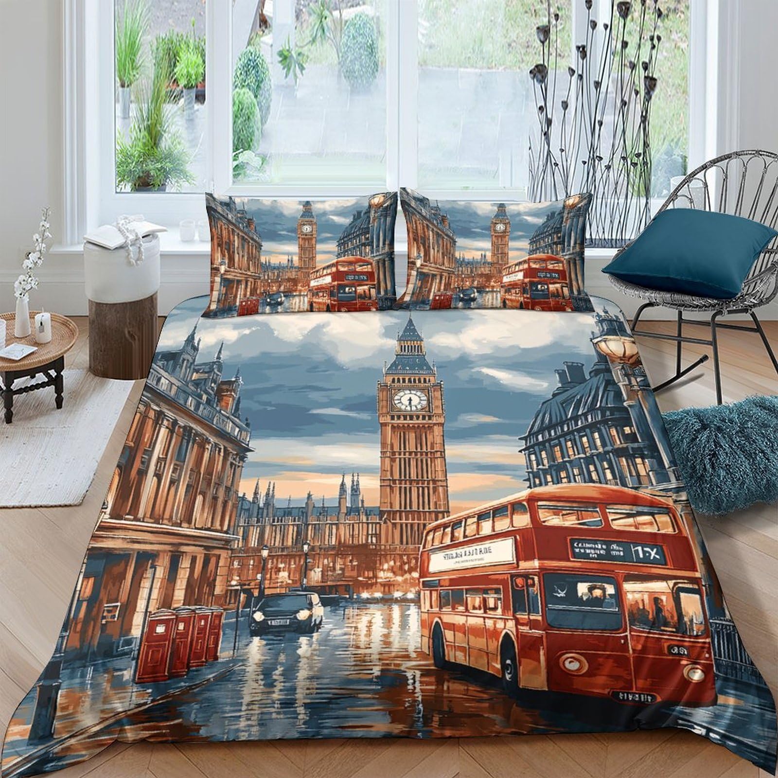 Ctjqhvkz Style-9 3D Printed London City Red Bus Fitted Sheet Microfiber Soft Urban Street Bed Cover For Bedroom Guest Room Decor Single（135X200cm）