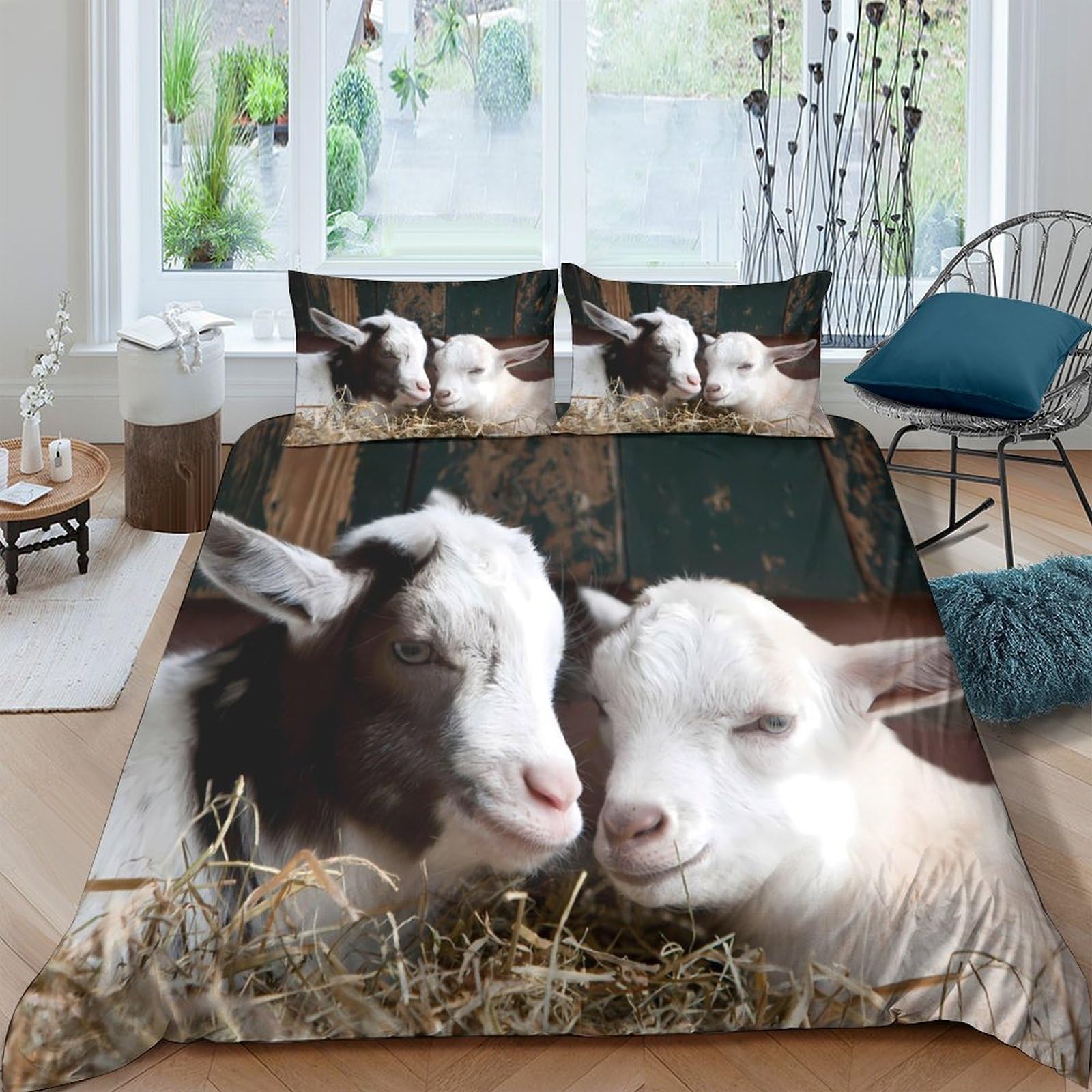 GPLZQXKJNH 3D Printed Goat Couple Duvet Cover Microfiber Soft Breathable Farm Animal Bedding Set with 2 Pillowcases for Bedroom Decor, Single（135x200cm）