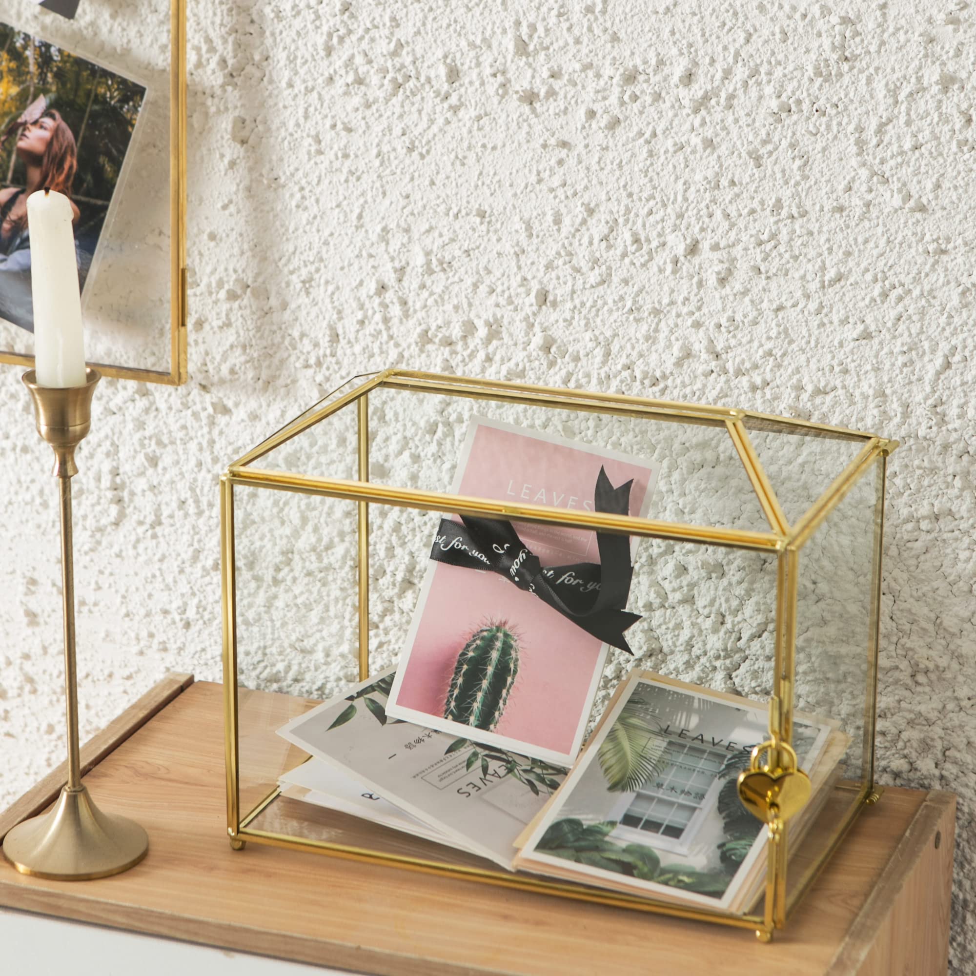 Grande boîte à cartes de mariage en verre transparent avec fente - 25,9 cm - En laiton doré - Avec serrure - Pour réceptions de mariage, fête prénatale, fête d'anniversaire