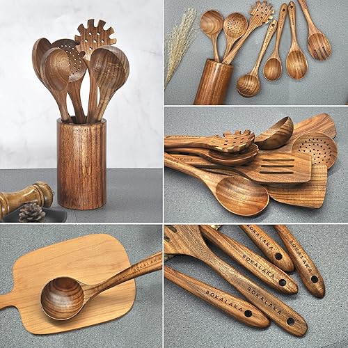Miniatura 3 de Cucharas de madera para cocinar, 10 piezas de utensilios de cocina de madera de teca natural, utensilios de cocina de madera para cocinar, espátulas