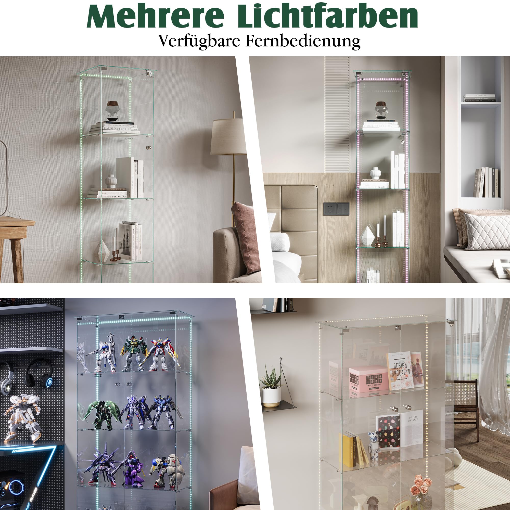 Vitrina de cristal con iluminación LED, vitrina de pie con 4 capas de vidrio, armario de exhibición con 2 puertas y cerradura, vitrina de cristal para sala de estar, oficina, piezas de